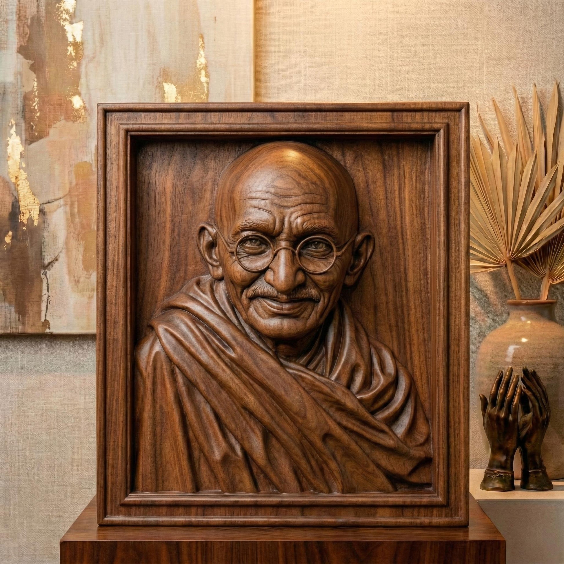 Highly detailed wooden bas-relief sculpture of Mahatma Gandhi featuring his serene expression, round glasses, bald head, and draped shawl. The portrait is carved in rich wood grain texture, highlighting facial wrinkles and soft folds of fabric. Displayed as both a freestanding bust and framed wall relief, symbolizing peace, wisdom, humility, and spiritual leadership.