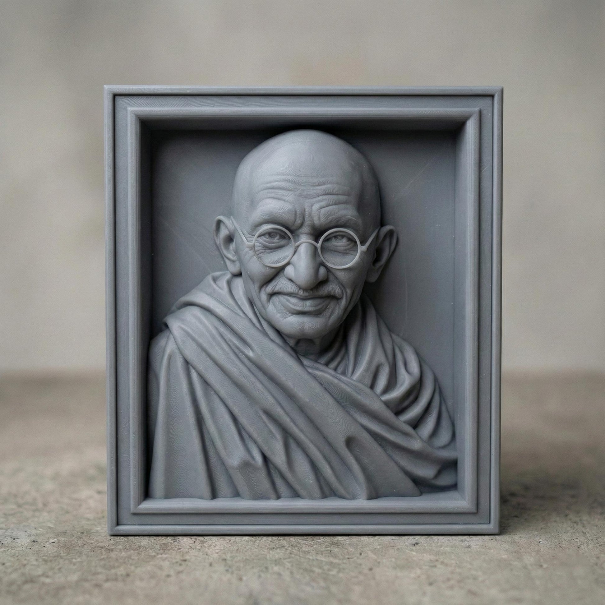 Highly detailed wooden bas-relief sculpture of Mahatma Gandhi featuring his serene expression, round glasses, bald head, and draped shawl. The portrait is carved in rich wood grain texture, highlighting facial wrinkles and soft folds of fabric. Displayed as both a freestanding bust and framed wall relief, symbolizing peace, wisdom, humility, and spiritual leadership.