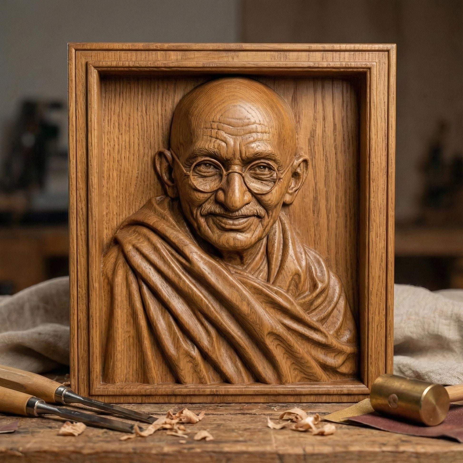 Highly detailed wooden bas-relief sculpture of Mahatma Gandhi featuring his serene expression, round glasses, bald head, and draped shawl. The portrait is carved in rich wood grain texture, highlighting facial wrinkles and soft folds of fabric. Displayed as both a freestanding bust and framed wall relief, symbolizing peace, wisdom, humility, and spiritual leadership.