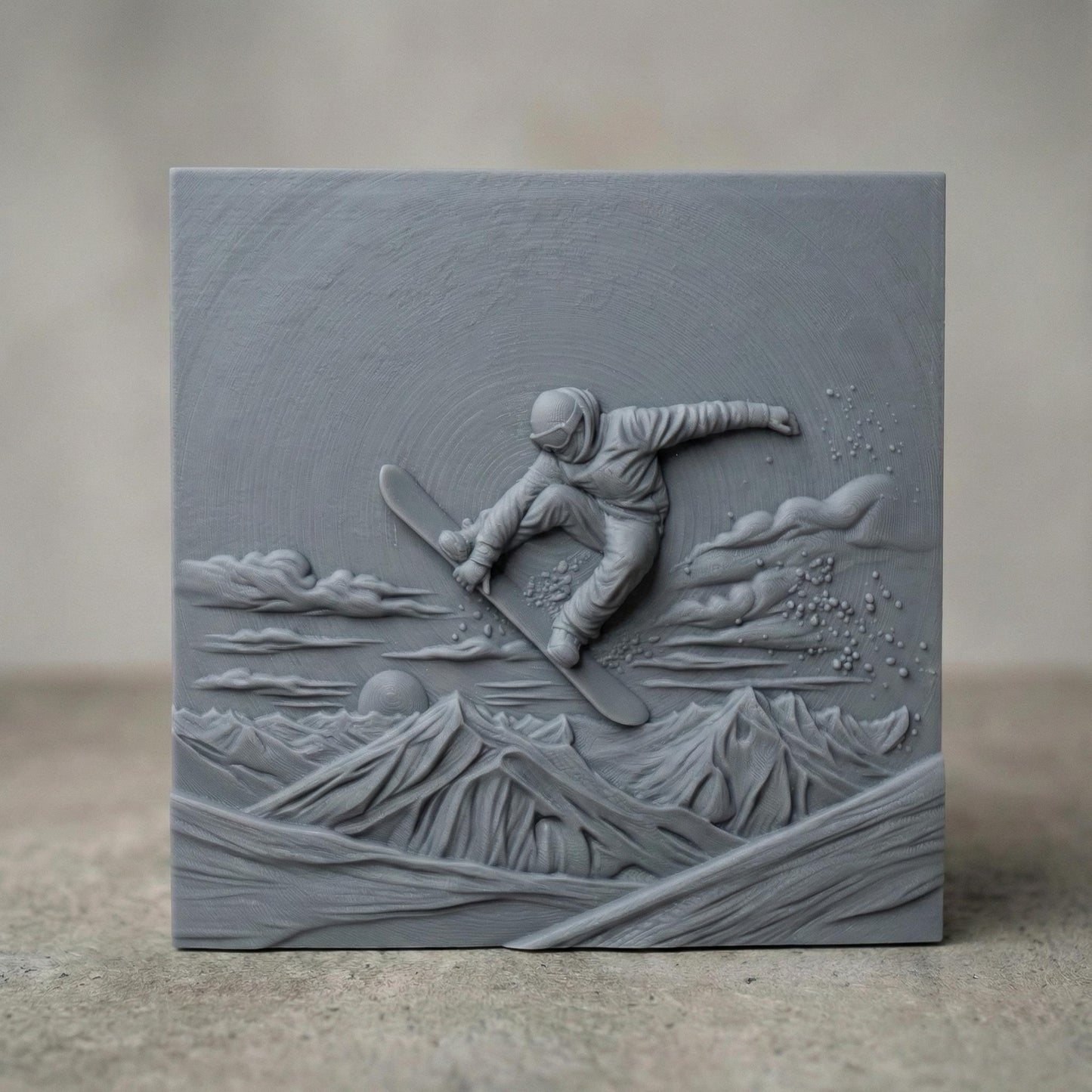 High-relief carving of a snowboarder mid-air performing a jump above rugged mountain peaks at sunset. The rider wears a helmet and winter gear, surrounded by swirling clouds and scattered snow particles. The background features layered mountain ranges and a low sun on the horizon, creating depth and motion. Designed as a detailed bas-relief panel suitable for CNC carving or 3D printing, capturing dynamic winter sports energy and alpine adventure.