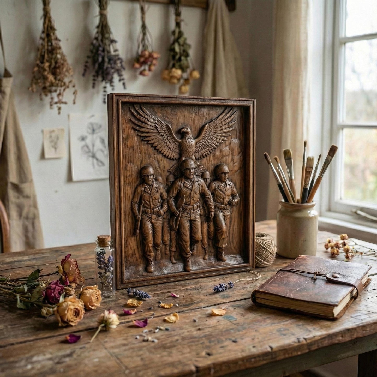 Detailed bas-relief carving of five marching soldiers in uniform advancing forward with rifles in hand, symbolizing unity and bravery. Above them, a large eagle spreads its wings wide in a protective and patriotic gesture. The framed composition emphasizes strength, sacrifice, and honor. Designed as a high-depth relief panel for CNC carving or 3D printing, ideal for military tribute wall art and veteran memorial décor.