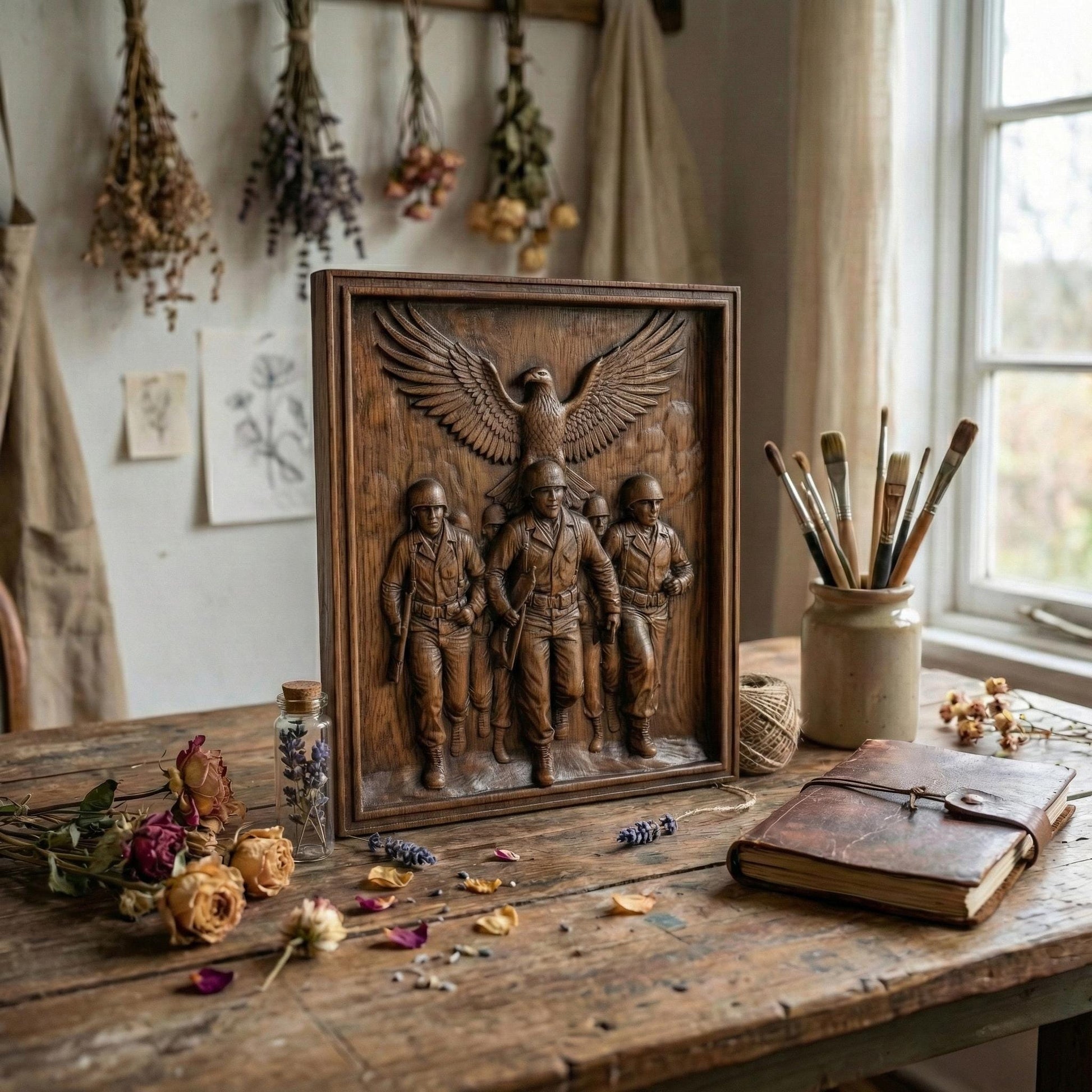 Detailed bas-relief carving of five marching soldiers in uniform advancing forward with rifles in hand, symbolizing unity and bravery. Above them, a large eagle spreads its wings wide in a protective and patriotic gesture. The framed composition emphasizes strength, sacrifice, and honor. Designed as a high-depth relief panel for CNC carving or 3D printing, ideal for military tribute wall art and veteran memorial décor.