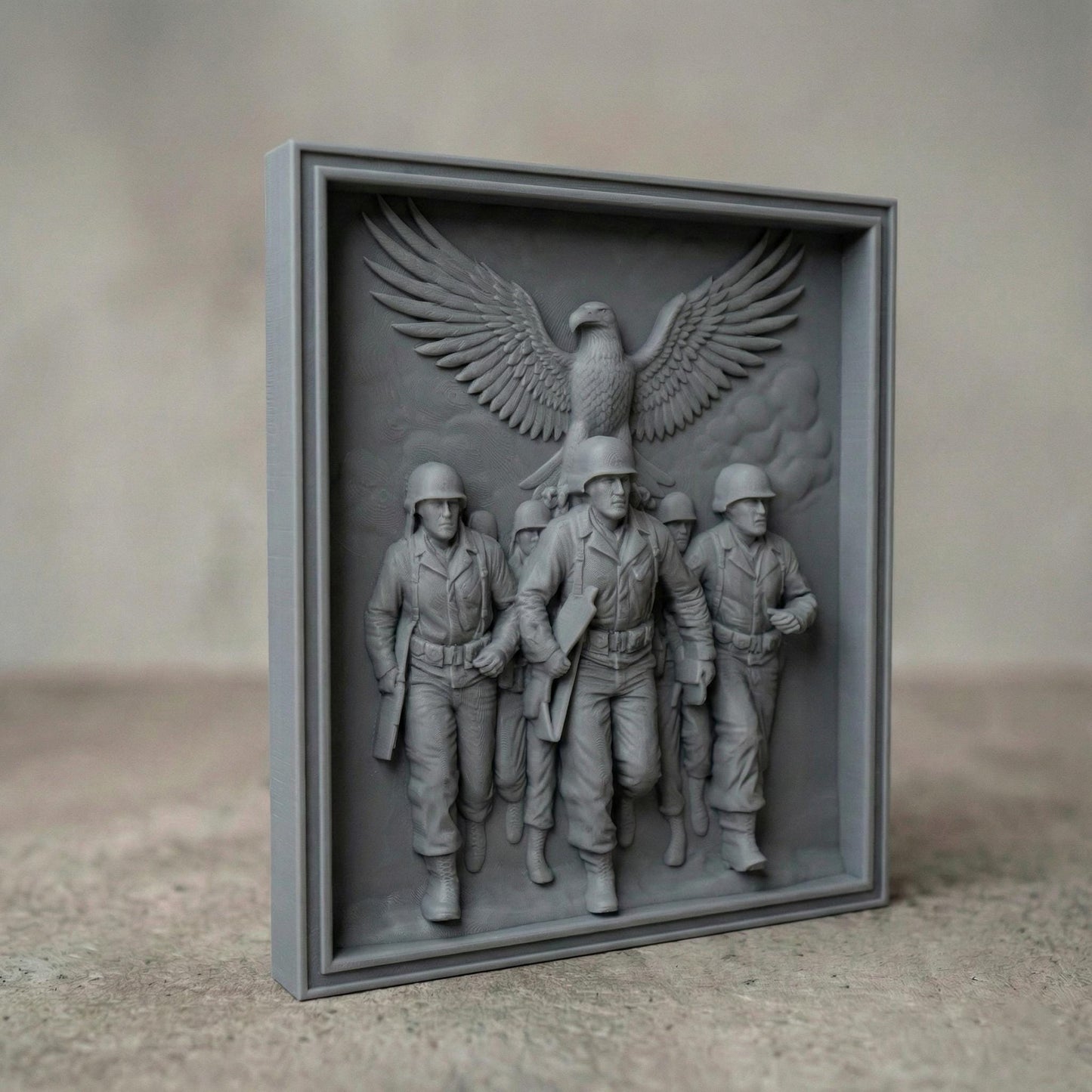 Detailed bas-relief carving of five marching soldiers in uniform advancing forward with rifles in hand, symbolizing unity and bravery. Above them, a large eagle spreads its wings wide in a protective and patriotic gesture. The framed composition emphasizes strength, sacrifice, and honor. Designed as a high-depth relief panel for CNC carving or 3D printing, ideal for military tribute wall art and veteran memorial décor.