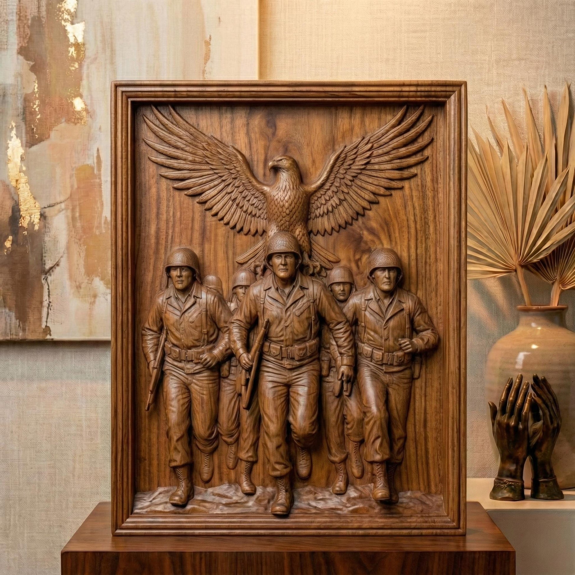 Detailed bas-relief carving of five marching soldiers in uniform advancing forward with rifles in hand, symbolizing unity and bravery. Above them, a large eagle spreads its wings wide in a protective and patriotic gesture. The framed composition emphasizes strength, sacrifice, and honor. Designed as a high-depth relief panel for CNC carving or 3D printing, ideal for military tribute wall art and veteran memorial décor.