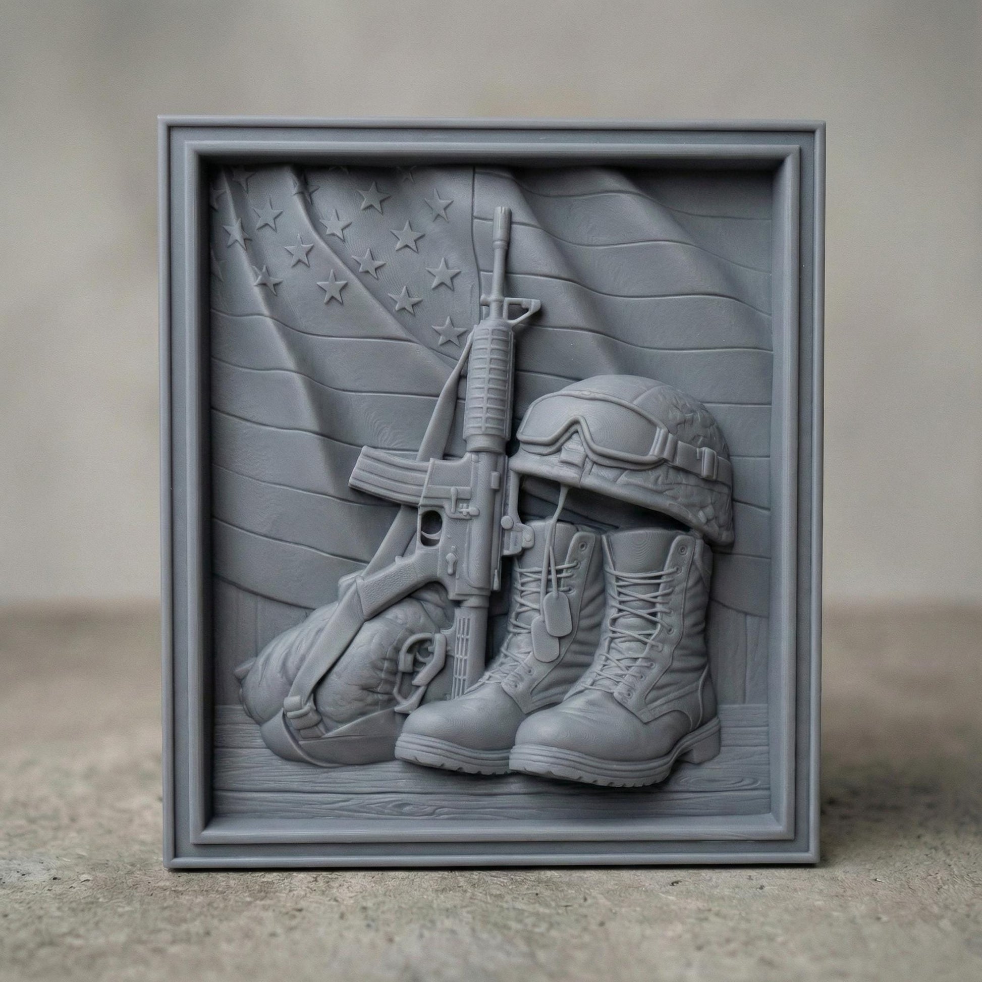 Intricately carved wooden bas-relief featuring USA Army combat boots with dog tags, an upright rifle, and a soldier’s helmet resting on the boots. Behind them, a flowing American flag with carved stars and stripes symbolizes patriotism and sacrifice. This detailed framed relief honors the 250th anniversary of America, celebrating military service, national pride, and the legacy of the United States Army.
