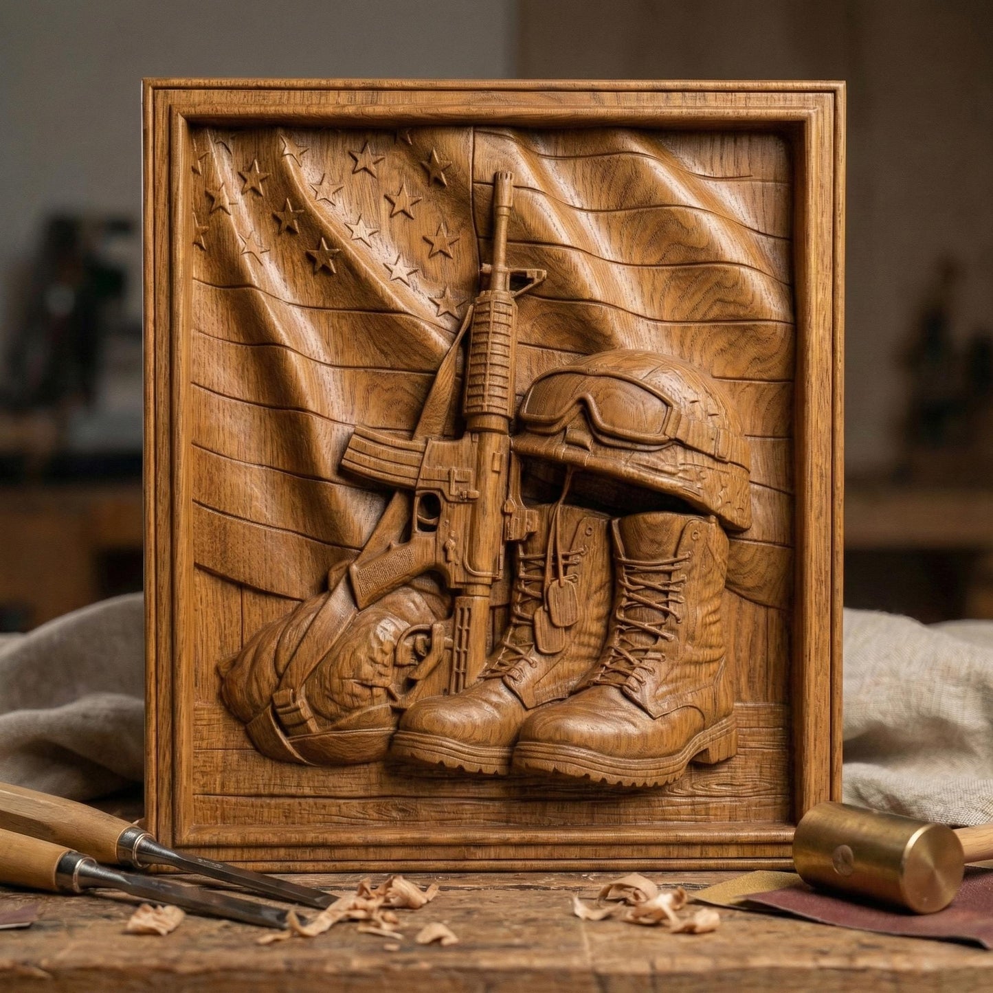 Intricately carved wooden bas-relief featuring USA Army combat boots with dog tags, an upright rifle, and a soldier’s helmet resting on the boots. Behind them, a flowing American flag with carved stars and stripes symbolizes patriotism and sacrifice. This detailed framed relief honors the 250th anniversary of America, celebrating military service, national pride, and the legacy of the United States Army.