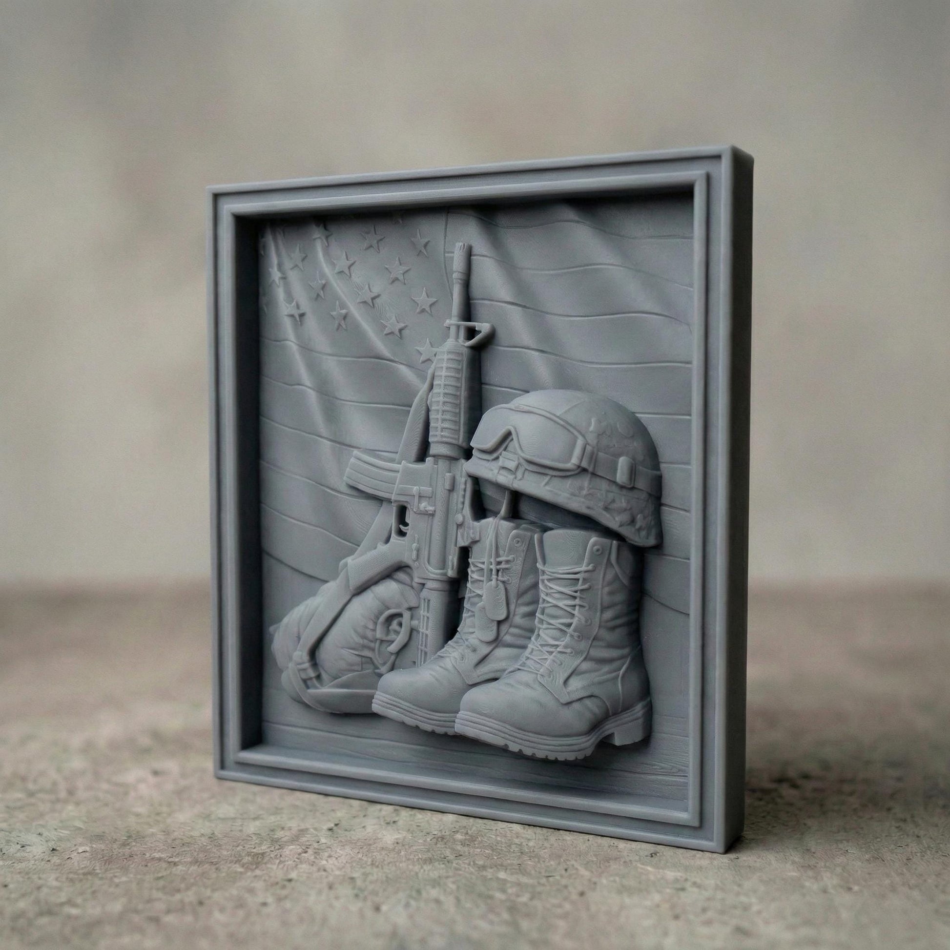 Intricately carved wooden bas-relief featuring USA Army combat boots with dog tags, an upright rifle, and a soldier’s helmet resting on the boots. Behind them, a flowing American flag with carved stars and stripes symbolizes patriotism and sacrifice. This detailed framed relief honors the 250th anniversary of America, celebrating military service, national pride, and the legacy of the United States Army.