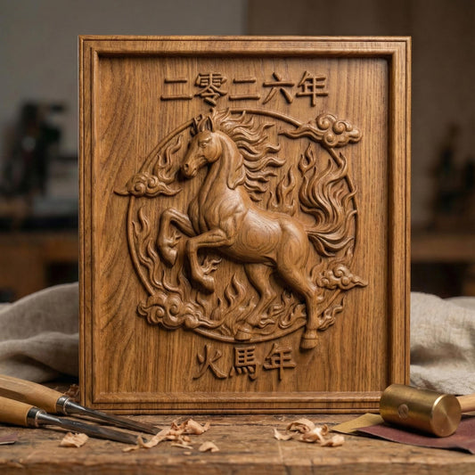 Intricate bas-relief carving of a powerful rearing horse surrounded by flowing flames and stylized clouds within a circular frame. Chinese characters above read “2026” and below “Fire Horse Year.” The composition symbolizes strength, passion, transformation, and prosperity in the Lunar New Year. Designed as a detailed framed relief panel ideal for CNC carving or 3D printing as zodiac-inspired wall décor.