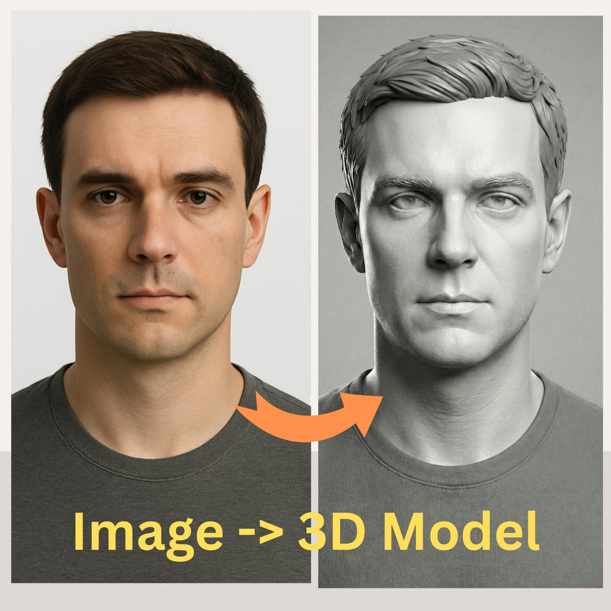 Custom 3D head model created by a Senior Character and Creature Artist with 17+ years in VFX films and games. Based on customer-provided photos, the model features professional clean topology, ready for animation, rigging, 3D printing, and cosplay helmet fitting. Example shows a realistic male head converted into a shaded and wireframe 3D model. Perfect for cosplayers, animators, 3D printing enthusiasts, and digital creators seeking production-quality 3D assets.