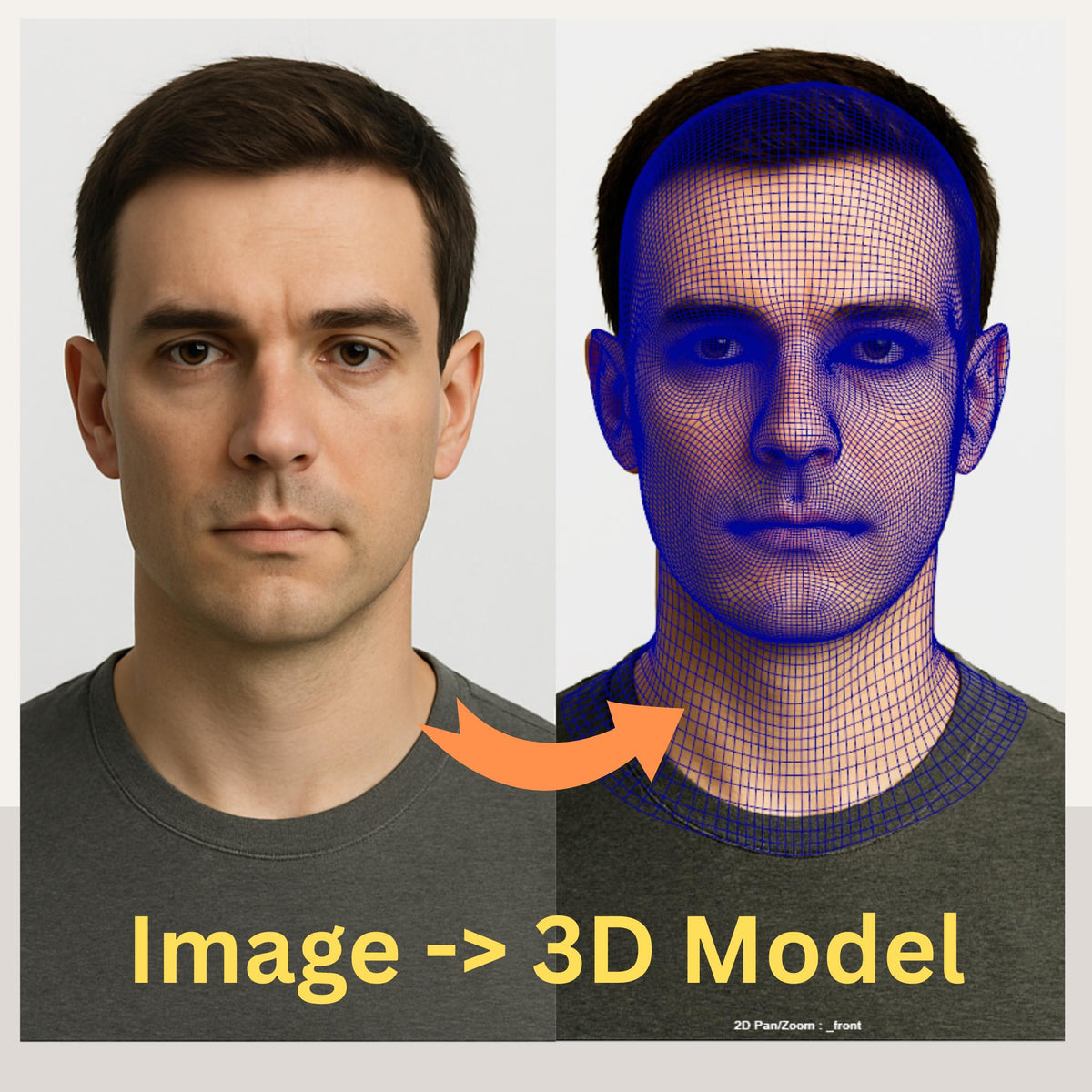 Custom 3D head model created by a Senior Character and Creature Artist with 17+ years in VFX films and games. Based on customer-provided photos, the model features professional clean topology, ready for animation, rigging, 3D printing, and cosplay helmet fitting. Example shows a realistic male head converted into a shaded and wireframe 3D model. Perfect for cosplayers, animators, 3D printing enthusiasts, and digital creators seeking production-quality 3D assets.