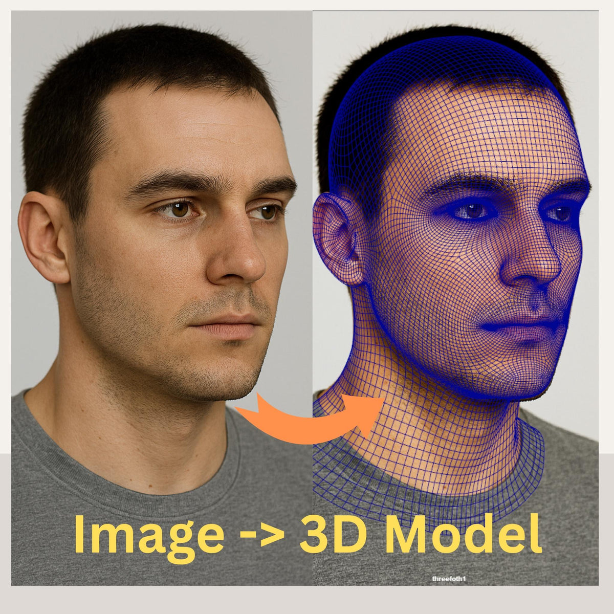 Custom 3D head model created by a Senior Character and Creature Artist with 17+ years in VFX films and games. Based on customer-provided photos, the model features professional clean topology, ready for animation, rigging, 3D printing, and cosplay helmet fitting. Example shows a realistic male head converted into a shaded and wireframe 3D model. Perfect for cosplayers, animators, 3D printing enthusiasts, and digital creators seeking production-quality 3D assets.