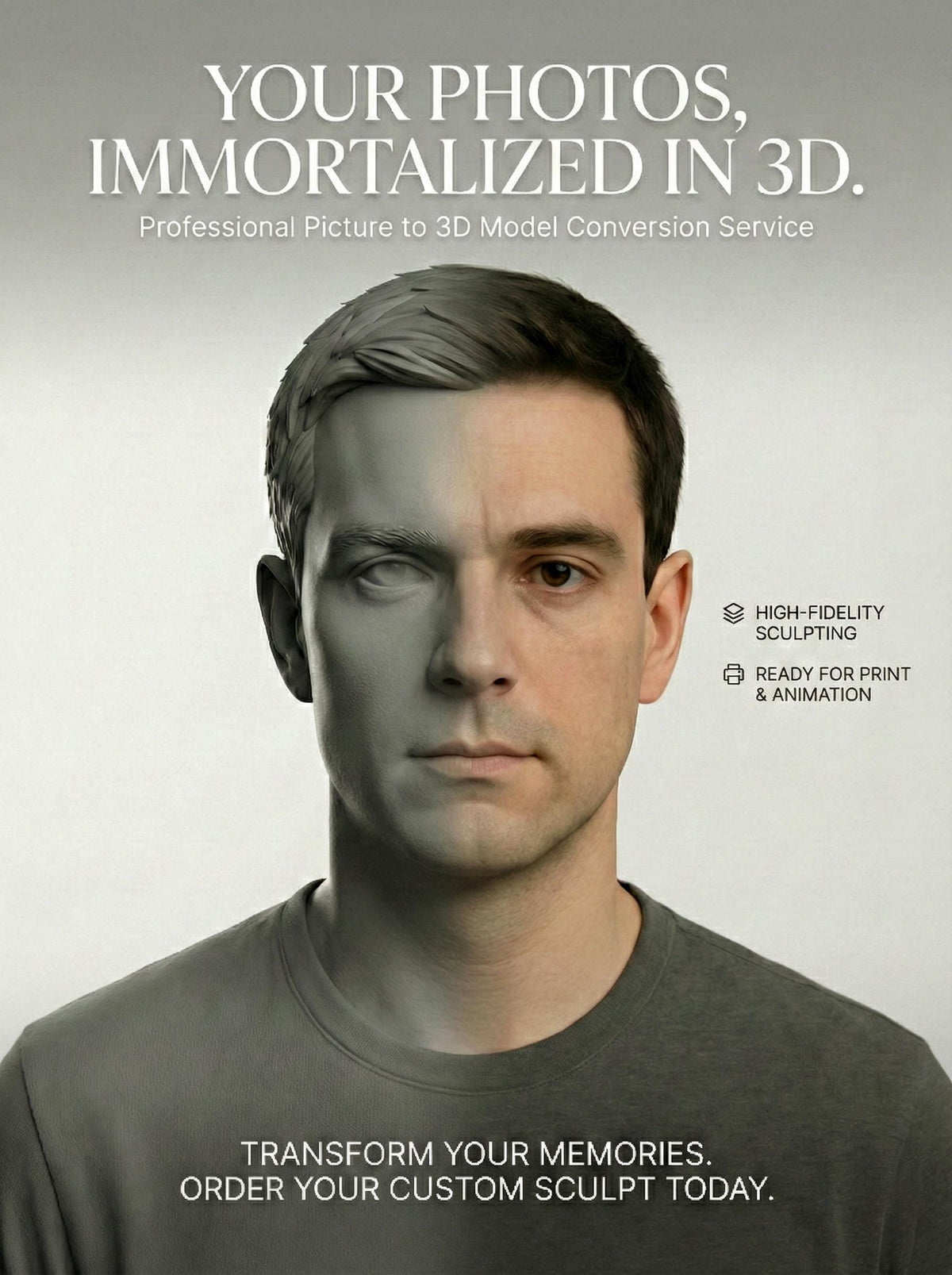 Custom 3D head model created by a Senior Character and Creature Artist with 17+ years in VFX films and games. Based on customer-provided photos, the model features professional clean topology, ready for animation, rigging, 3D printing, and cosplay helmet fitting. Example shows a realistic male head converted into a shaded and wireframe 3D model. Perfect for cosplayers, animators, 3D printing enthusiasts, and digital creators seeking production-quality 3D assets.
