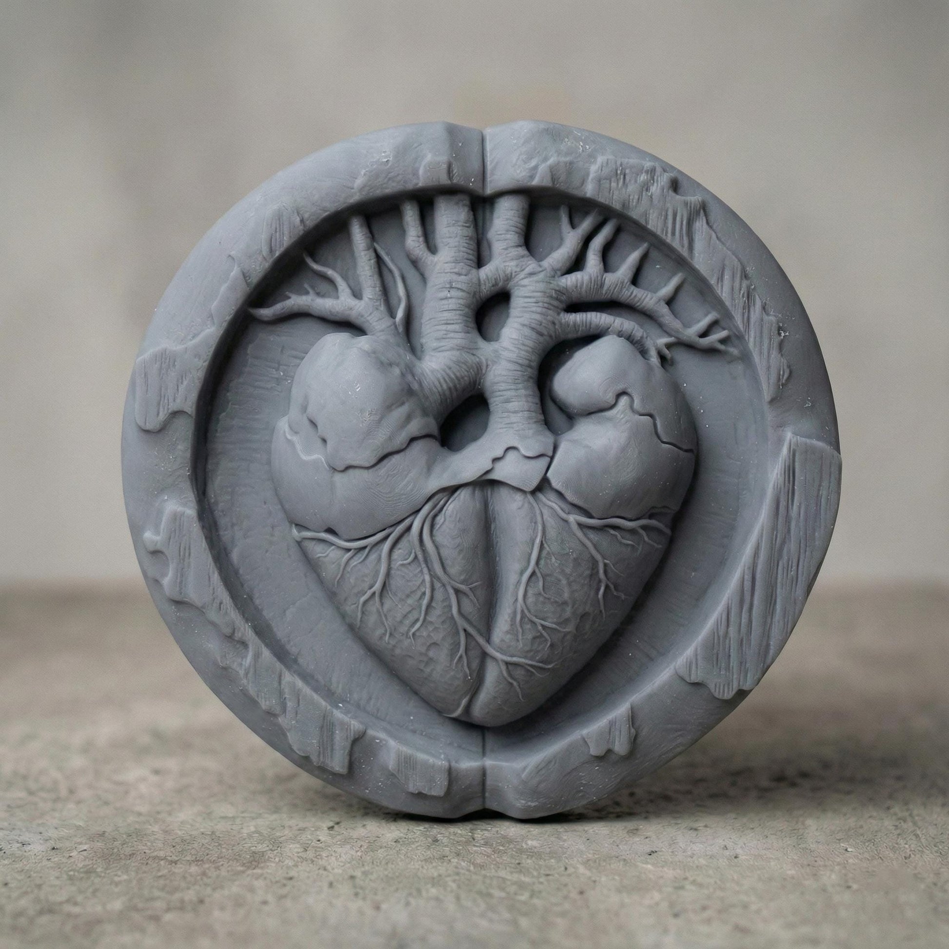 Round bas-relief wood carving of an anatomical human heart seamlessly merging with tree branches and roots, symbolizing life and love. The heart’s arteries extend upward like a tree of life canopy, while veins form organic roots below. Encased in a circular frame with natural wood texture and deep relief detail, this sculptural design evokes romance, vitality, and sacred connection, ideal for CNC carving or 3D printed wall decor.