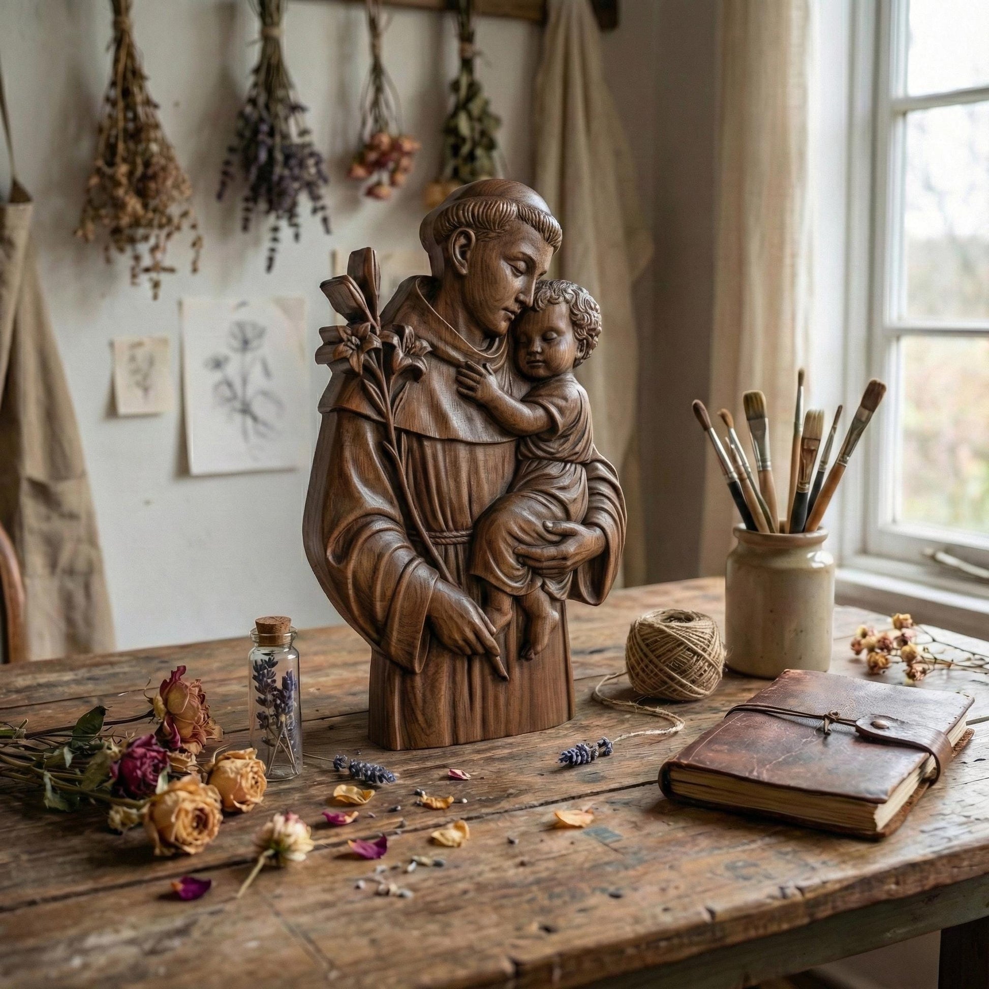 Exquisite 3D wooden bas-relief sculpture of St. Anthony gently holding Baby Jesus. This detailed carving captures serenity, love, and devotion — a timeless symbol of faith and compassion. Perfect for Christian homes, chapels, or as a sacred gift during Christmas or Easter. The fine wood texture and lifelike craftsmanship bring warmth and spirituality to any space, making it a meaningful religious artwork and a testament to St. Anthony’s care and protection.