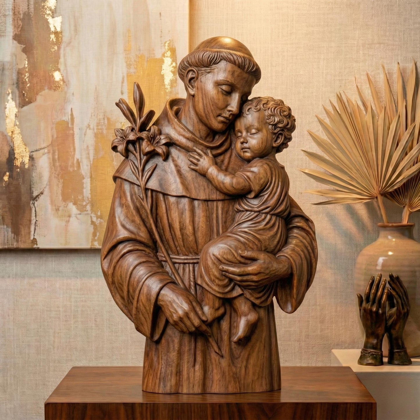 Exquisite 3D wooden bas-relief sculpture of St. Anthony gently holding Baby Jesus. This detailed carving captures serenity, love, and devotion — a timeless symbol of faith and compassion. Perfect for Christian homes, chapels, or as a sacred gift during Christmas or Easter. The fine wood texture and lifelike craftsmanship bring warmth and spirituality to any space, making it a meaningful religious artwork and a testament to St. Anthony’s care and protection.