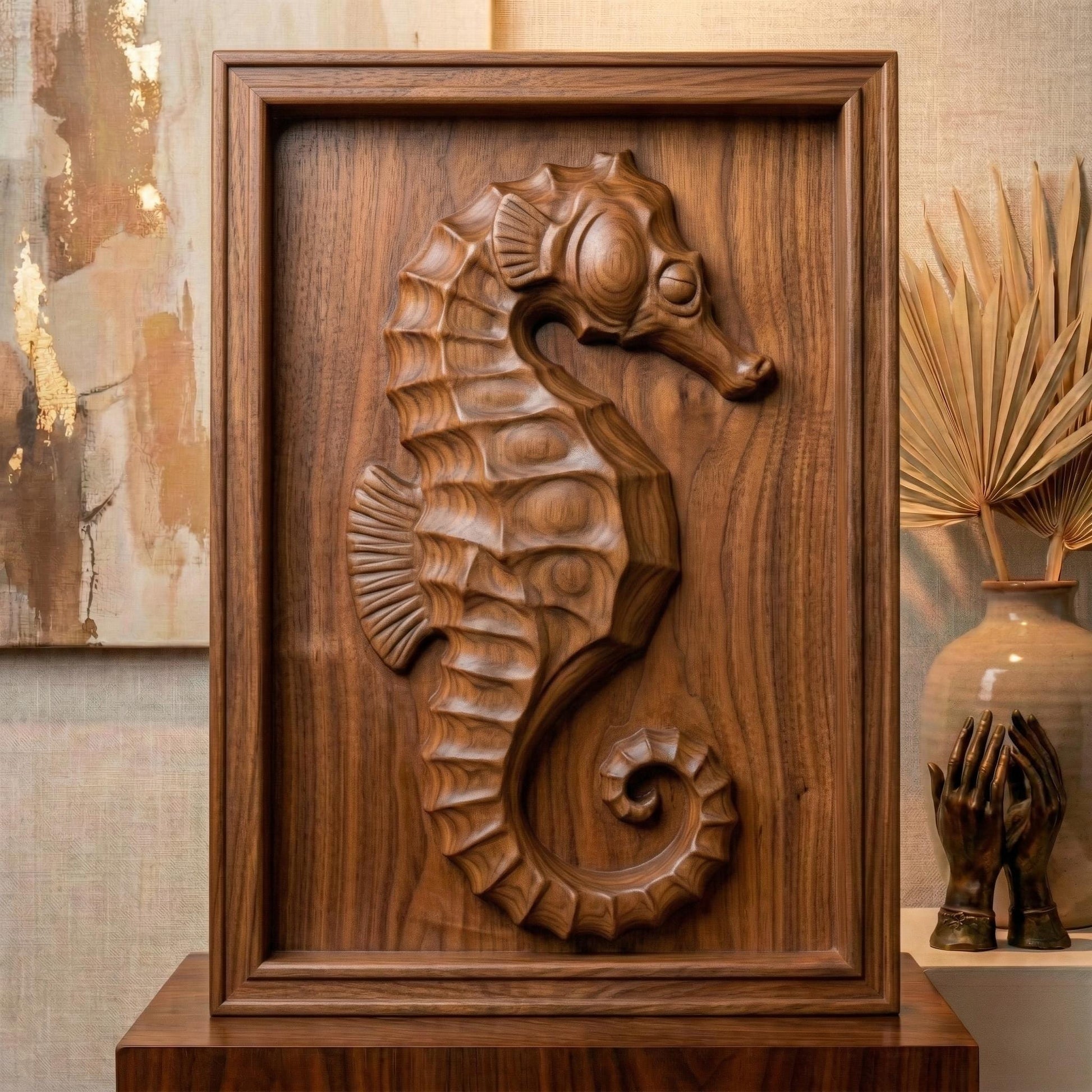 Detailed bas-relief seahorse carving mounted inside a rectangular wooden frame, featuring layered scales, curved tail, and textured dorsal ridges. The marine creature is sculpted in a relief style suitable for CNC carving or 3D printing, creating elegant coastal wall decor inspired by ocean life and nautical themes.