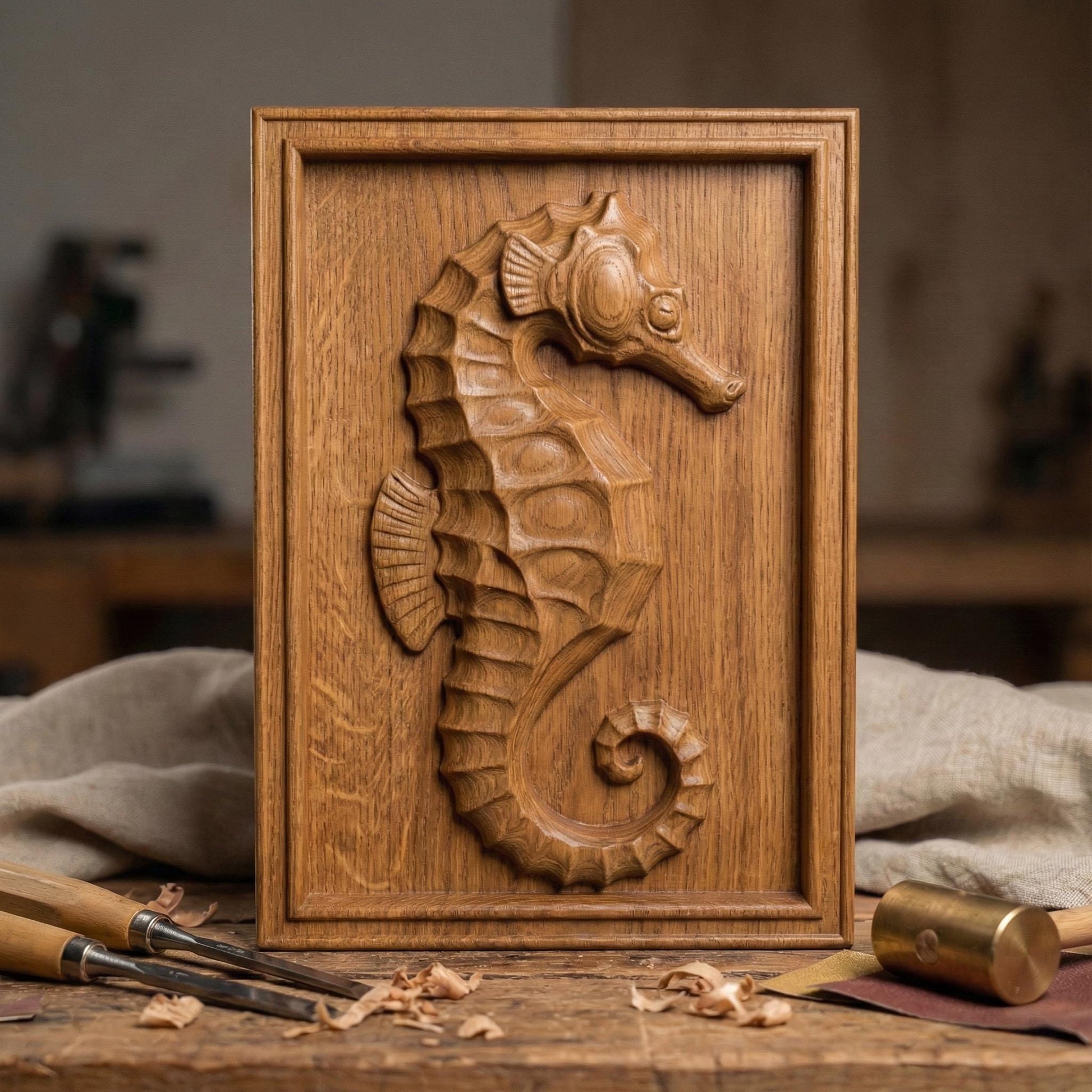 Detailed bas-relief seahorse carving mounted inside a rectangular wooden frame, featuring layered scales, curved tail, and textured dorsal ridges. The marine creature is sculpted in a relief style suitable for CNC carving or 3D printing, creating elegant coastal wall decor inspired by ocean life and nautical themes.