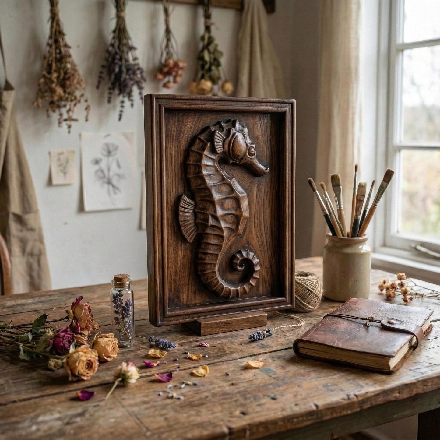 Detailed bas-relief seahorse carving mounted inside a rectangular wooden frame, featuring layered scales, curved tail, and textured dorsal ridges. The marine creature is sculpted in a relief style suitable for CNC carving or 3D printing, creating elegant coastal wall decor inspired by ocean life and nautical themes.