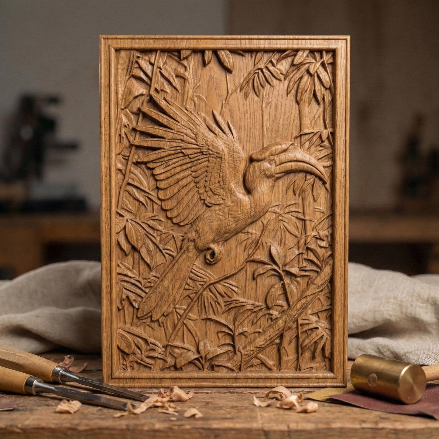 Highly detailed bas-relief carving of a hornbill bird with wide spread wings perched among dense tropical leaves and branches. The bird’s long curved beak and layered feathers are sculpted in deep relief, surrounded by jungle foliage that creates a rich wildlife scene suitable for CNC carving, 3D printing, or decorative wall art.