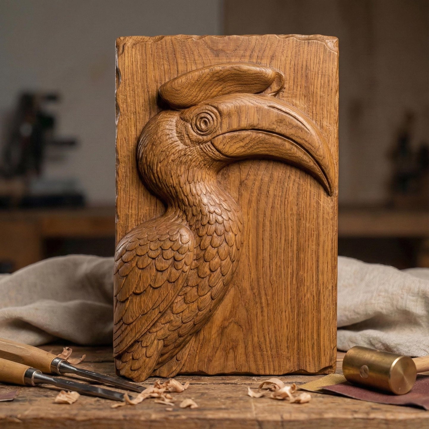 Detailed bas-relief carving of a hornbill bird head with a large curved beak and distinctive casque, sculpted with layered feathers and smooth contours. The tropical wildlife design is carved on a natural wood slab style background with organic edges, creating elegant jungle-inspired spring and summer wall art suitable for CNC carving or 3D printing.