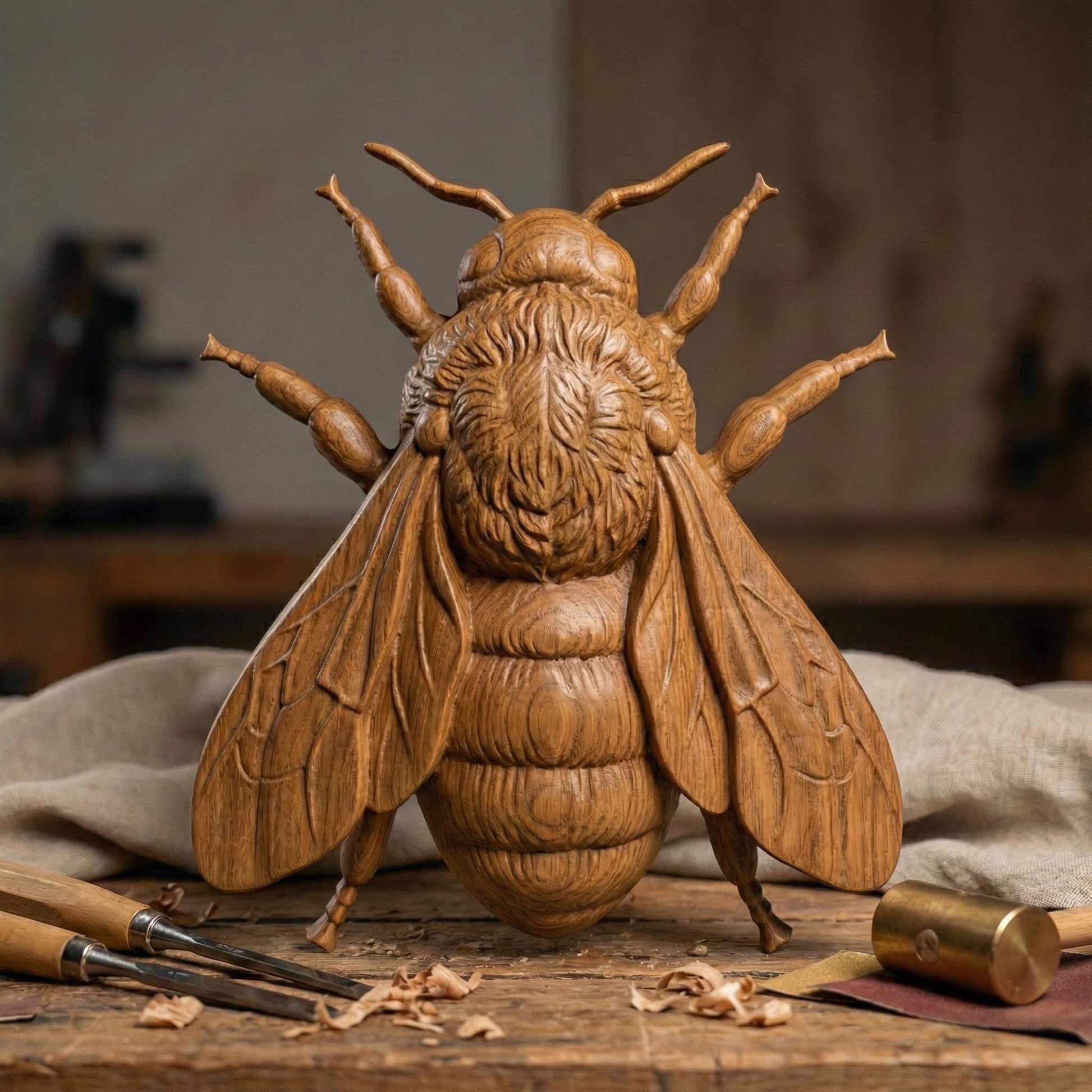 Round bas-relief featuring a realistic honey bee with detailed wings, textured thorax, and segmented abdomen carved in deep relief. The bee is centered on a circular wood panel with natural grain patterns, symbolizing spring renewal, pollination, and growth. Strong shadow lines and layered carving add depth and dimension, making this design ideal for CNC carving, 3D printing, and spring farmhouse wall decor.