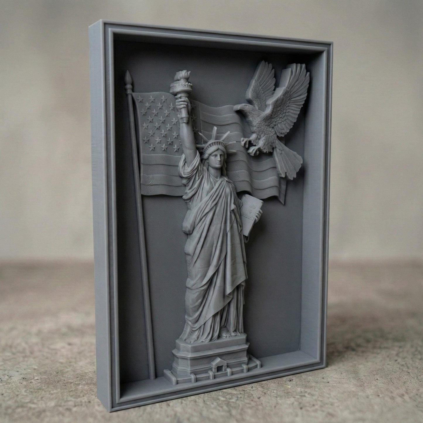 A detailed 3D bas-relief design featuring the Statue of Liberty holding a torch and a book, with a bald eagle soaring across a flowing American flag. This powerful vertical artwork celebrates Independence Day (United States) and is perfect for CNC carving, laser engraving, or 3D printing on wood, resin, or stone. Ideal for July 4th patriotic displays, American-themed home decor, and gifting. A striking tribute to freedom, liberty, and national pride.
