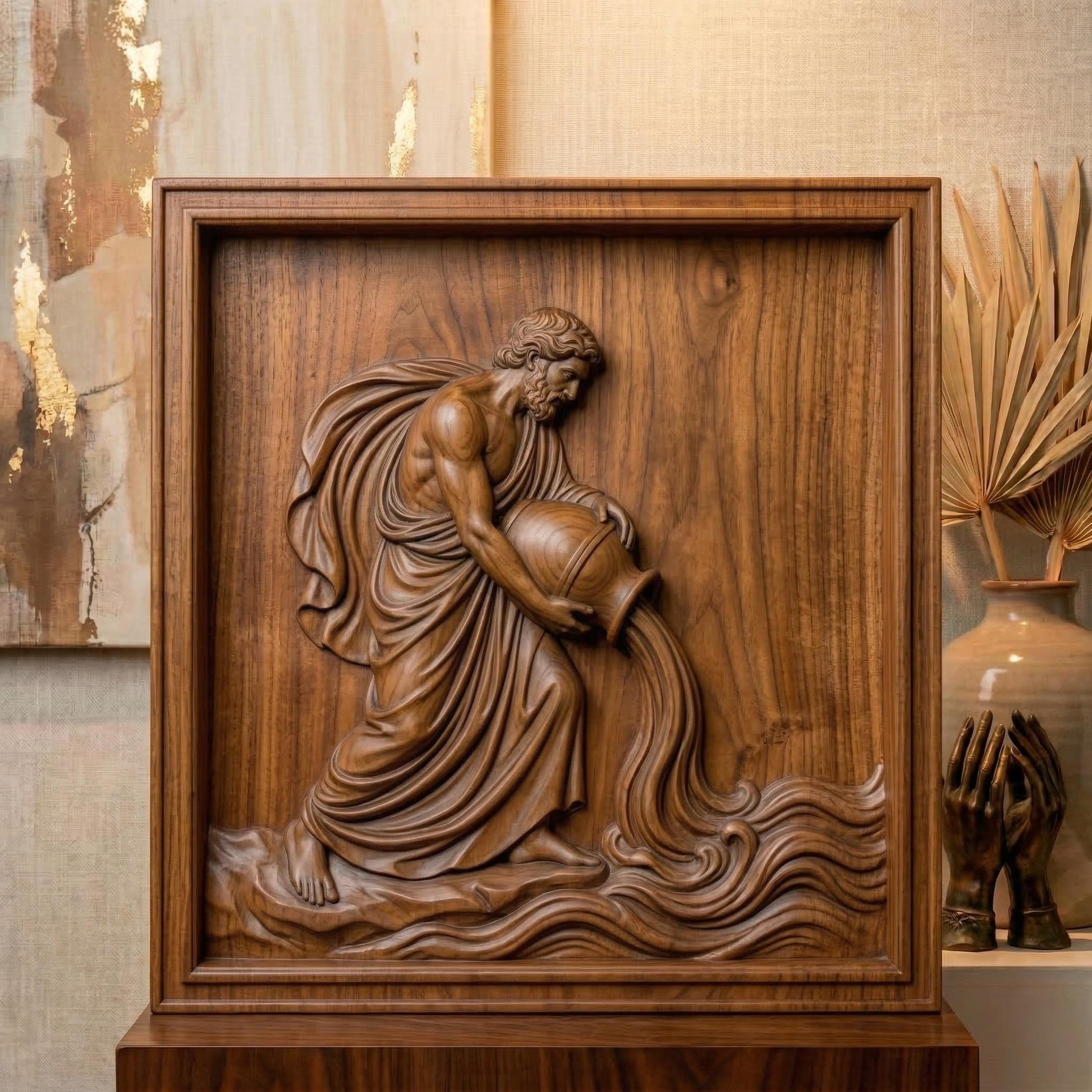 Classical bas-relief sculpture of the Aquarius water bearer carved in smooth marble style. A robed male figure with flowing drapery kneels while tilting a large amphora, pouring a stream of water that flows into stylized waves. The composition resembles ancient Greco-Roman relief art, emphasizing muscular anatomy, elegant cloth folds, and symbolic zodiac imagery associated with Aquarius and the element of water.