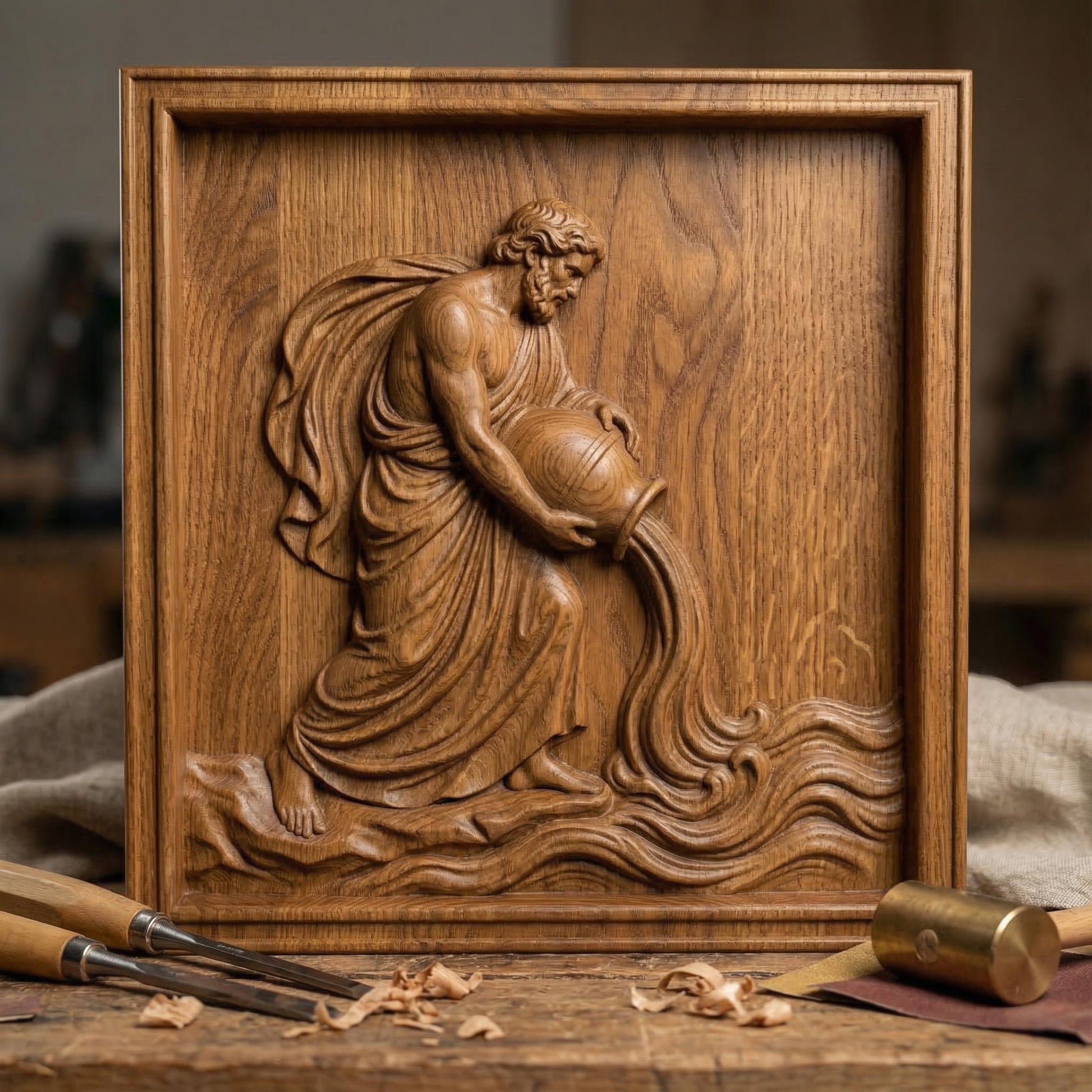 Classical bas-relief sculpture of the Aquarius water bearer carved in smooth marble style. A robed male figure with flowing drapery kneels while tilting a large amphora, pouring a stream of water that flows into stylized waves. The composition resembles ancient Greco-Roman relief art, emphasizing muscular anatomy, elegant cloth folds, and symbolic zodiac imagery associated with Aquarius and the element of water.