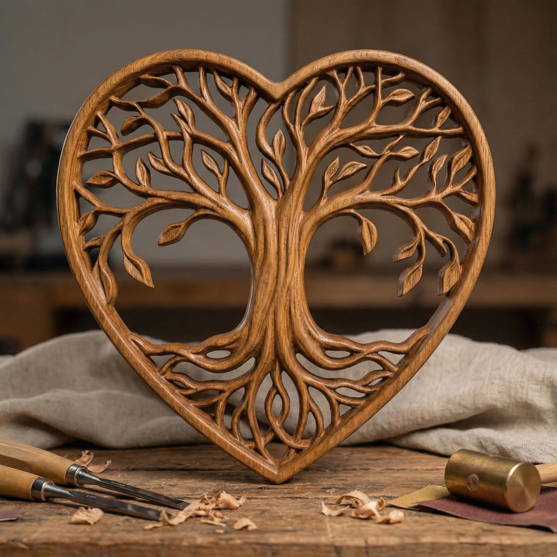 Intricate heart-shaped Tree of Life sculpture featuring flowing branches, detailed leaves, and intertwined roots forming a symmetrical openwork design. The elegant wooden-style relief symbolizes love, growth, family connection, and harmony. Designed as a decorative wall art or tabletop piece, perfect for CNC carving, laser cutting, or 3D printing projects with fine organic details.
