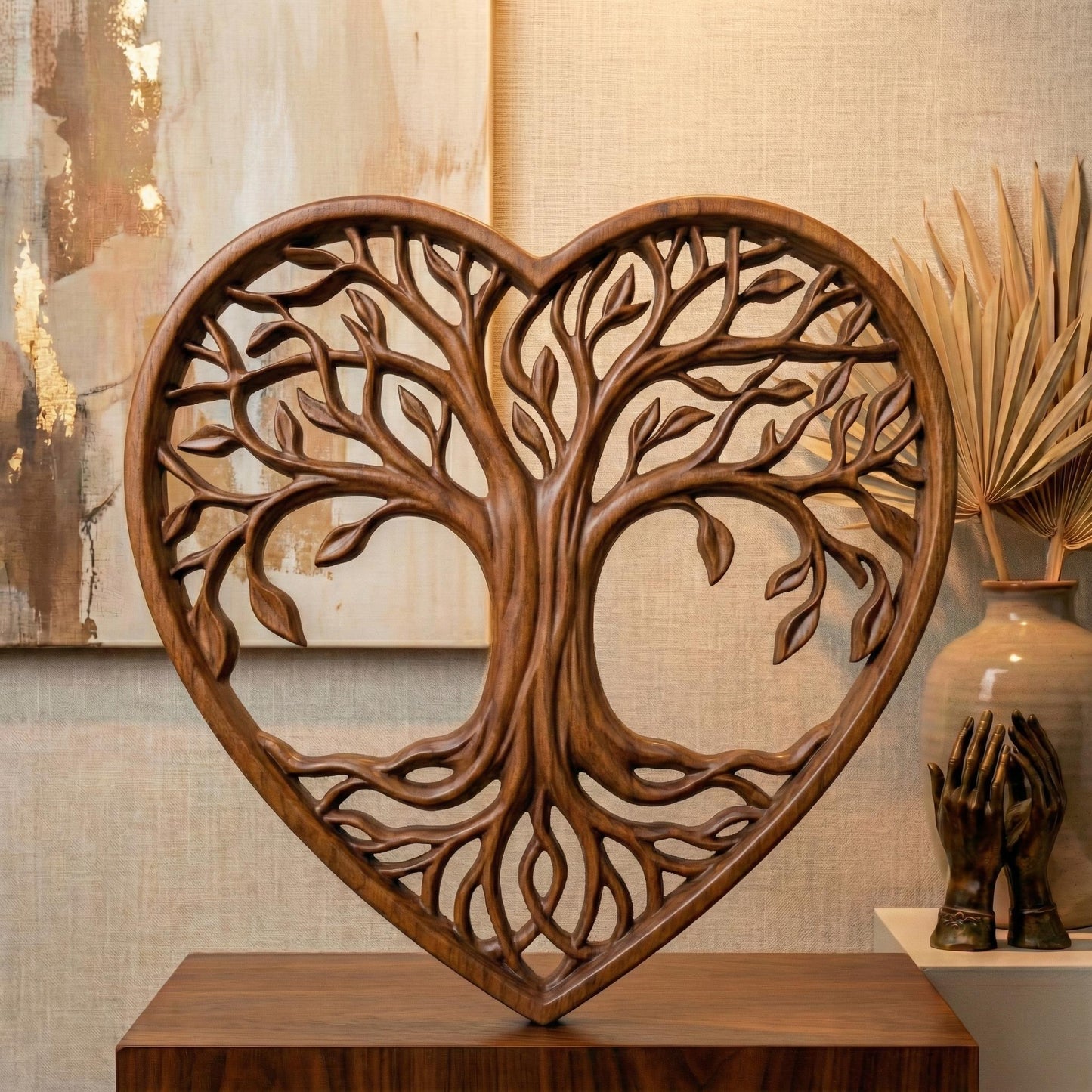 Intricate heart-shaped Tree of Life sculpture featuring flowing branches, detailed leaves, and intertwined roots forming a symmetrical openwork design. The elegant wooden-style relief symbolizes love, growth, family connection, and harmony. Designed as a decorative wall art or tabletop piece, perfect for CNC carving, laser cutting, or 3D printing projects with fine organic details.