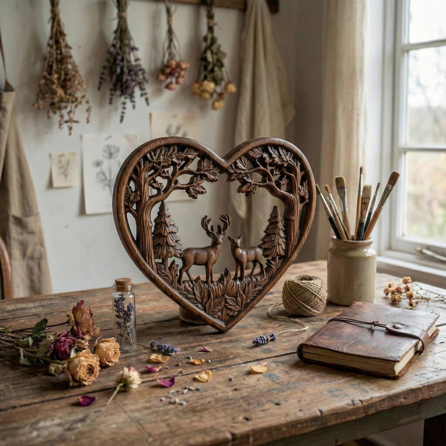 Heart-shaped woodland scene featuring a stag and doe standing together inside a forest frame of detailed oak trees and pine trees. The openwork design includes flowing branches and carved leaves surrounding the deer couple, symbolizing love, nature, family, and harmony. Designed as a decorative wall art panel for CNC carving and 3D printing with rich organic textures and rustic charm.