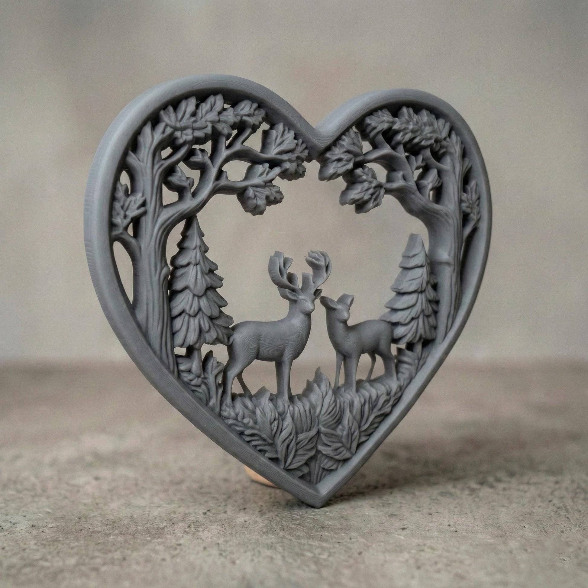 Heart-shaped woodland scene featuring a stag and doe standing together inside a forest frame of detailed oak trees and pine trees. The openwork design includes flowing branches and carved leaves surrounding the deer couple, symbolizing love, nature, family, and harmony. Designed as a decorative wall art panel for CNC carving and 3D printing with rich organic textures and rustic charm.