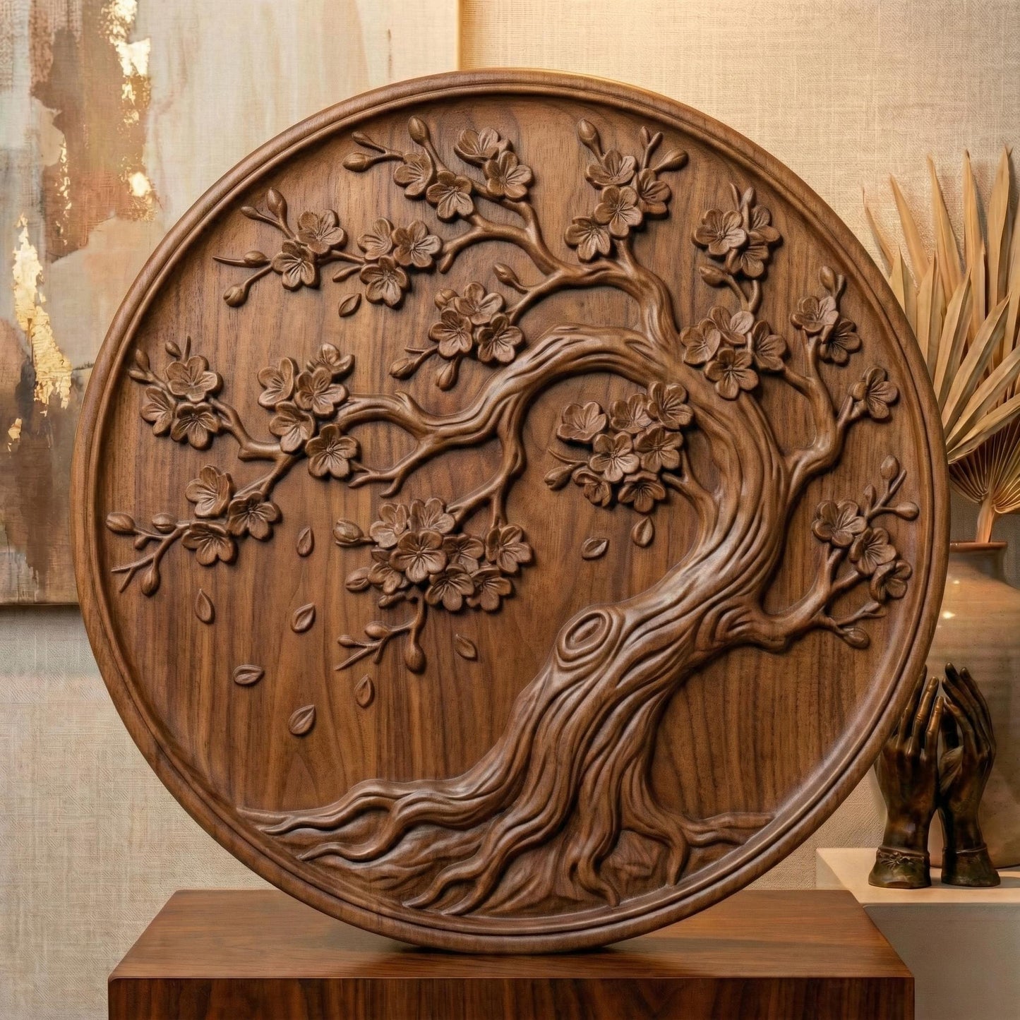 Round bas-relief panel featuring an elegant cherry blossom tree with flowing curved trunk, detailed branches, and blooming flowers. Delicate petals appear gently falling around the tree, creating a peaceful and natural composition. The circular frame enhances balance and harmony, making it ideal as decorative wall art for CNC carving or 3D printing with rich organic texture and depth.