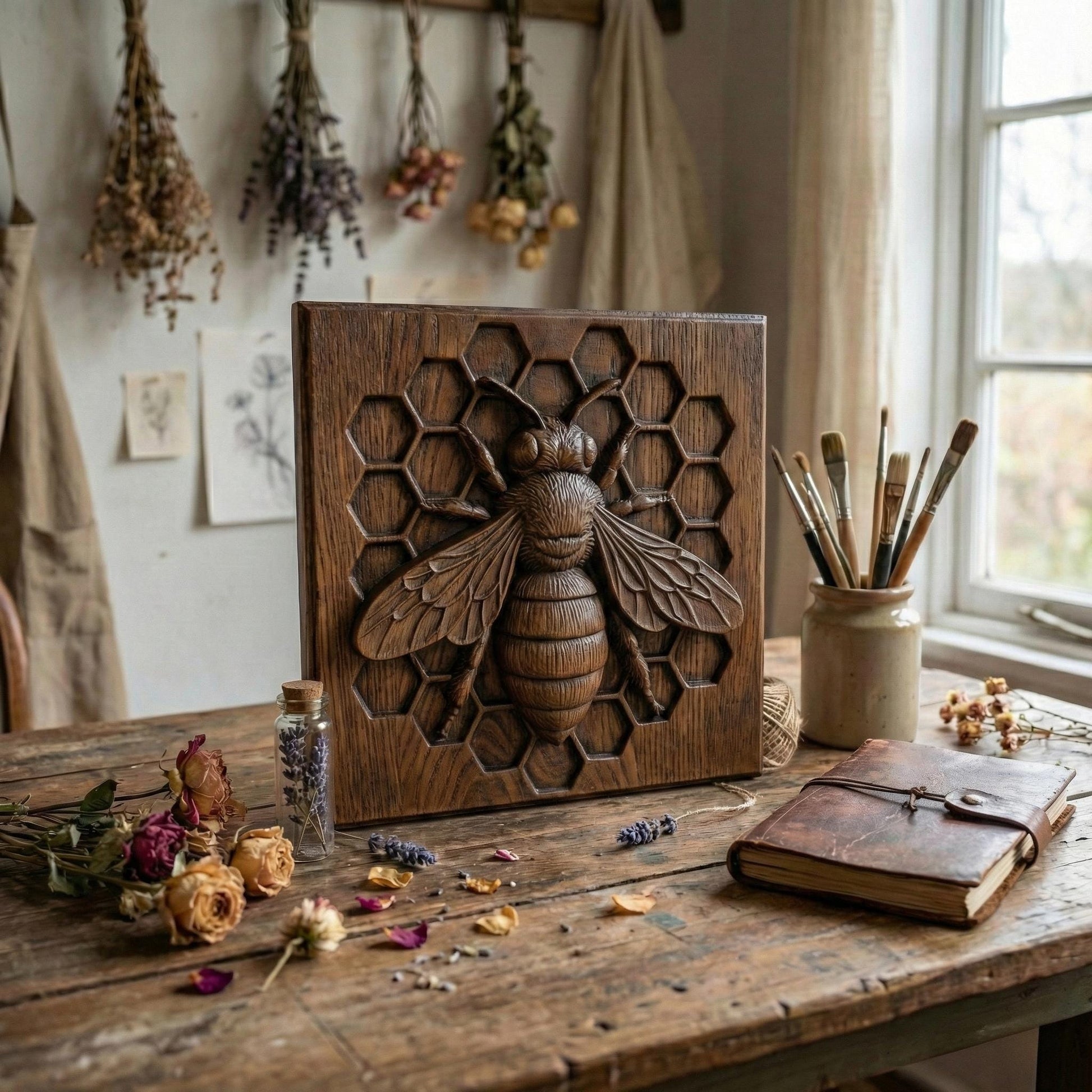 Detailed bas-relief sculpture of a honey bee centered on a hexagonal honeycomb background. The square panel features realistic wings, textured body, antennae, and symmetrical honeycomb cells carved behind the bee. Designed as decorative wall art with clean geometric framing, ideal for CNC carving or 3D printing projects with sharp detail and natural texture.