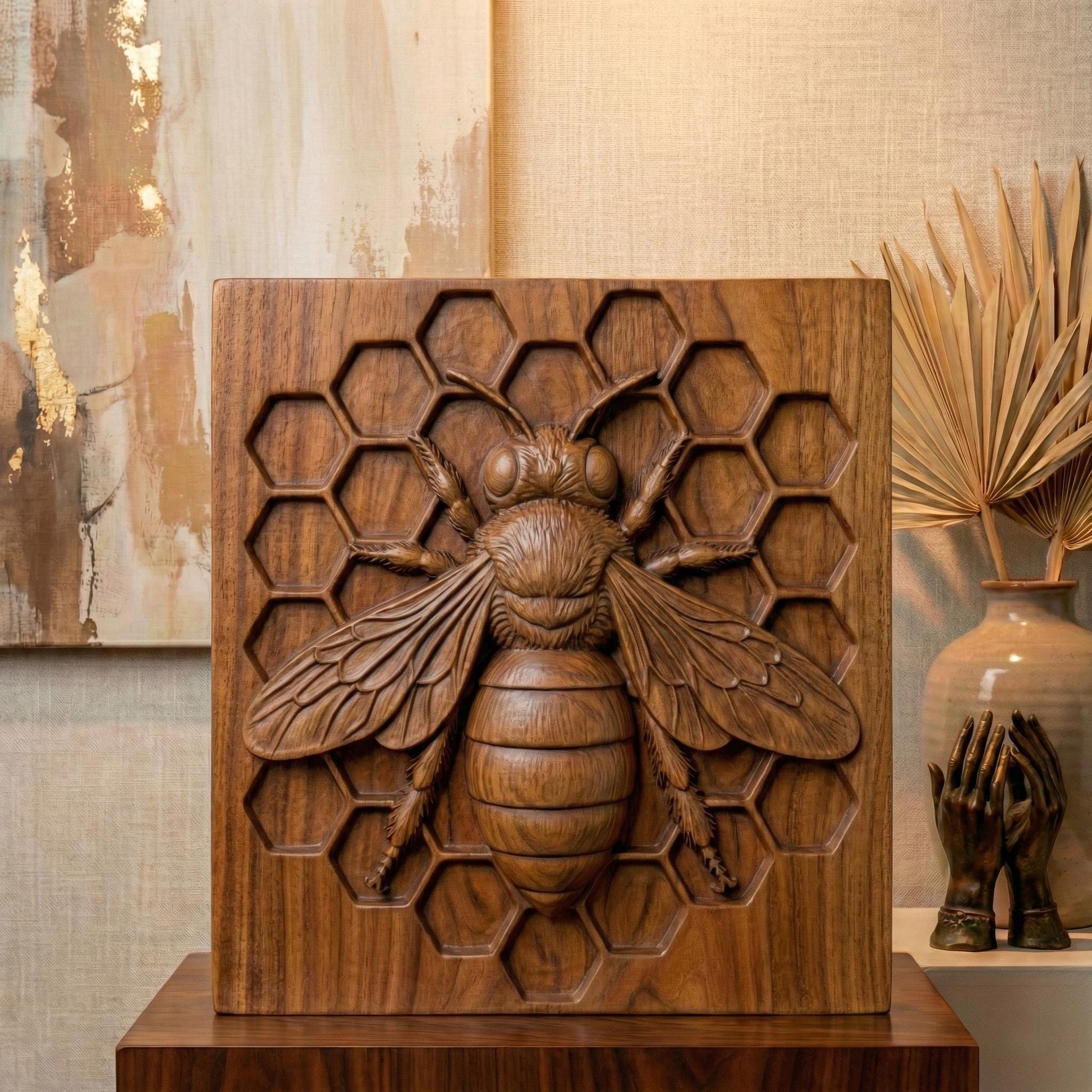 Detailed bas-relief sculpture of a honey bee centered on a hexagonal honeycomb background. The square panel features realistic wings, textured body, antennae, and symmetrical honeycomb cells carved behind the bee. Designed as decorative wall art with clean geometric framing, ideal for CNC carving or 3D printing projects with sharp detail and natural texture.