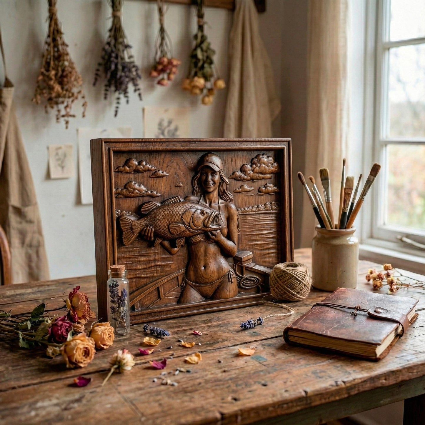 Detailed bas-relief carving of a smiling female angler holding a large bass fish while standing on a boat. The scene features calm lake water, carved clouds in the sky, and realistic wood grain texture. The rectangular framed panel highlights fine details in the fish scales, facial expression, and boat elements, designed for CNC carving or 3D printing as rustic fishing wall decor.