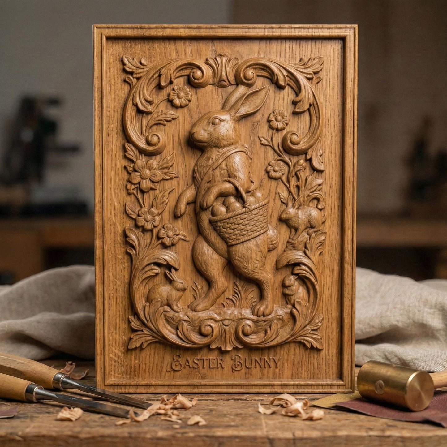Decorative bas-relief panel featuring a standing Easter bunny holding a woven basket filled with eggs. The rabbit is surrounded by elegant floral scrollwork, blooming flowers, and small rabbits at the base. The framed vertical composition has a vintage ornamental style, designed for CNC carving or 3D printing as festive spring and Easter wall decor.