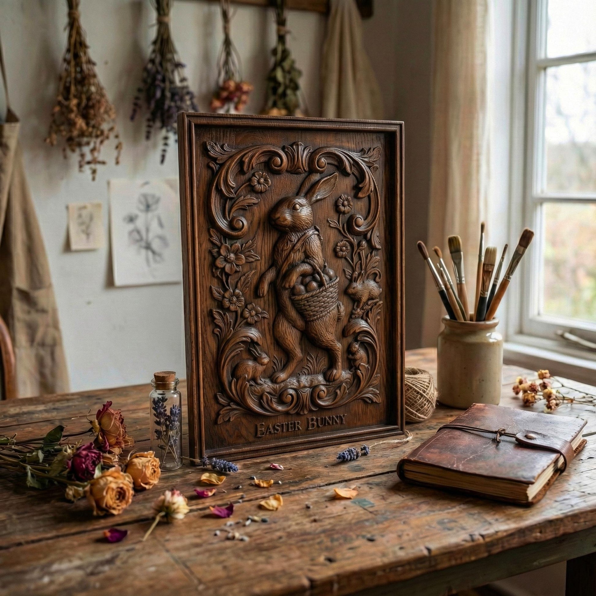 Decorative bas-relief panel featuring a standing Easter bunny holding a woven basket filled with eggs. The rabbit is surrounded by elegant floral scrollwork, blooming flowers, and small rabbits at the base. The framed vertical composition has a vintage ornamental style, designed for CNC carving or 3D printing as festive spring and Easter wall decor.