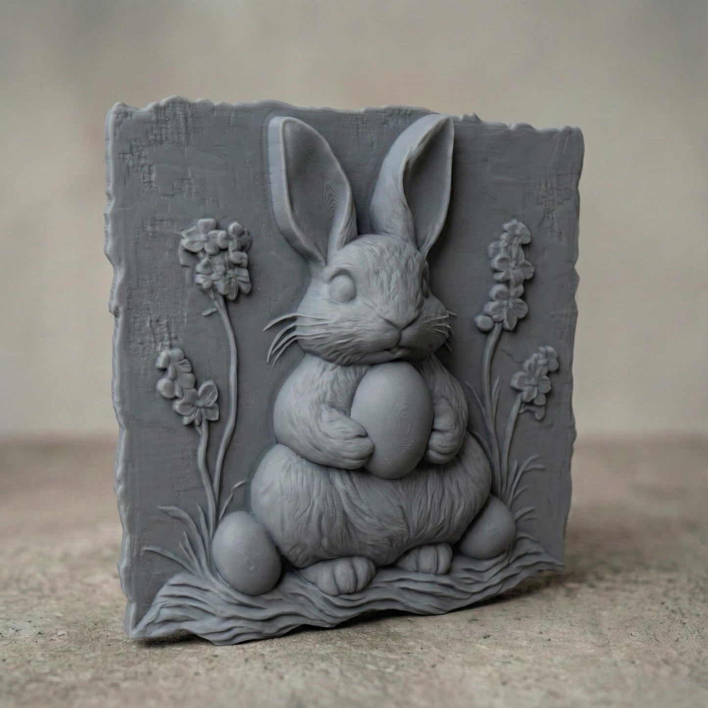 Rustic bas-relief carving of a cute Easter bunny holding a large egg, surrounded by simple wildflowers and grass. The design features a natural live-edge wood style background with organic texture and soft carved details. The bunny has rounded features and a gentle expression, making it perfect for spring and Easter wall decor designed for CNC carving or 3D printing.