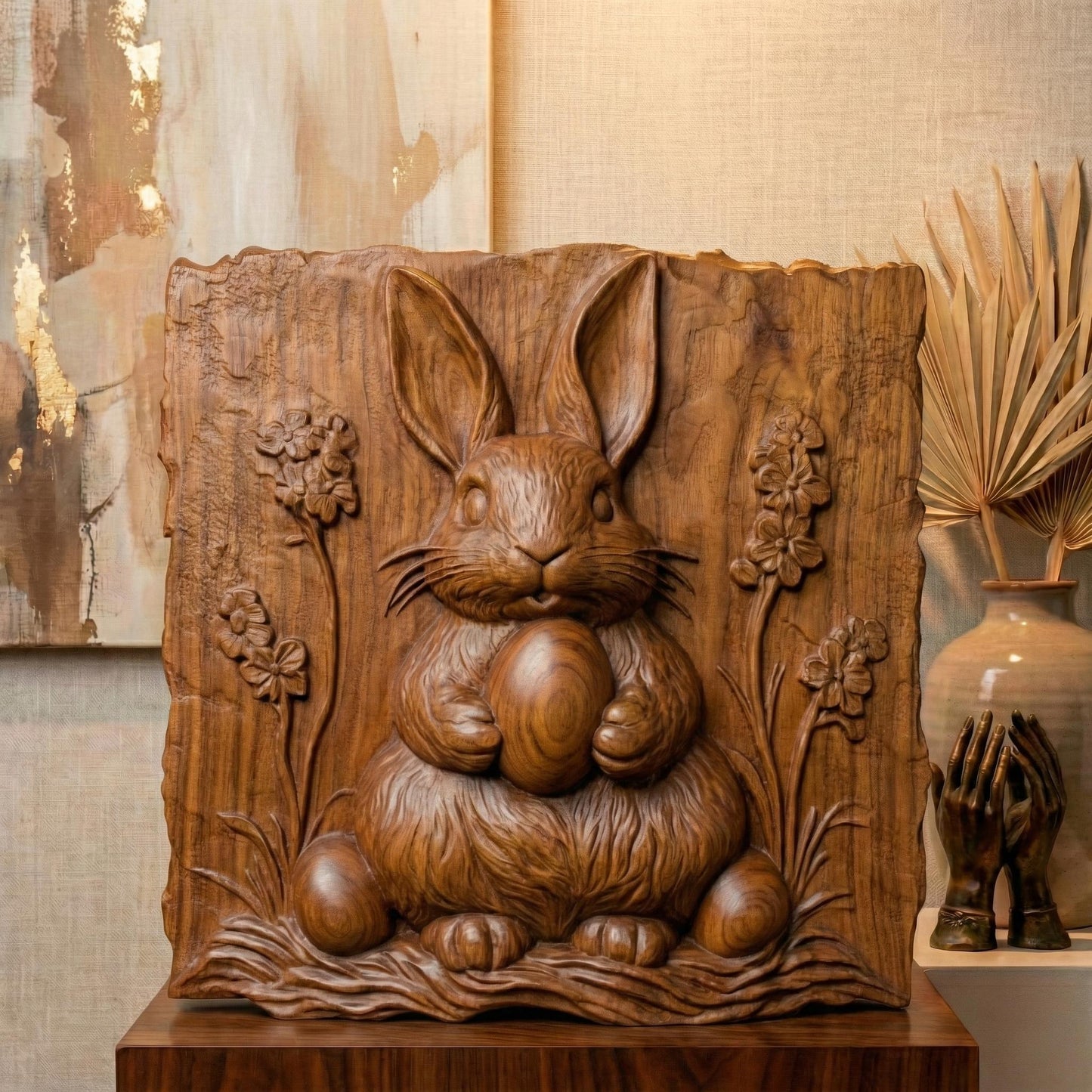 Rustic bas-relief carving of a cute Easter bunny holding a large egg, surrounded by simple wildflowers and grass. The design features a natural live-edge wood style background with organic texture and soft carved details. The bunny has rounded features and a gentle expression, making it perfect for spring and Easter wall decor designed for CNC carving or 3D printing.