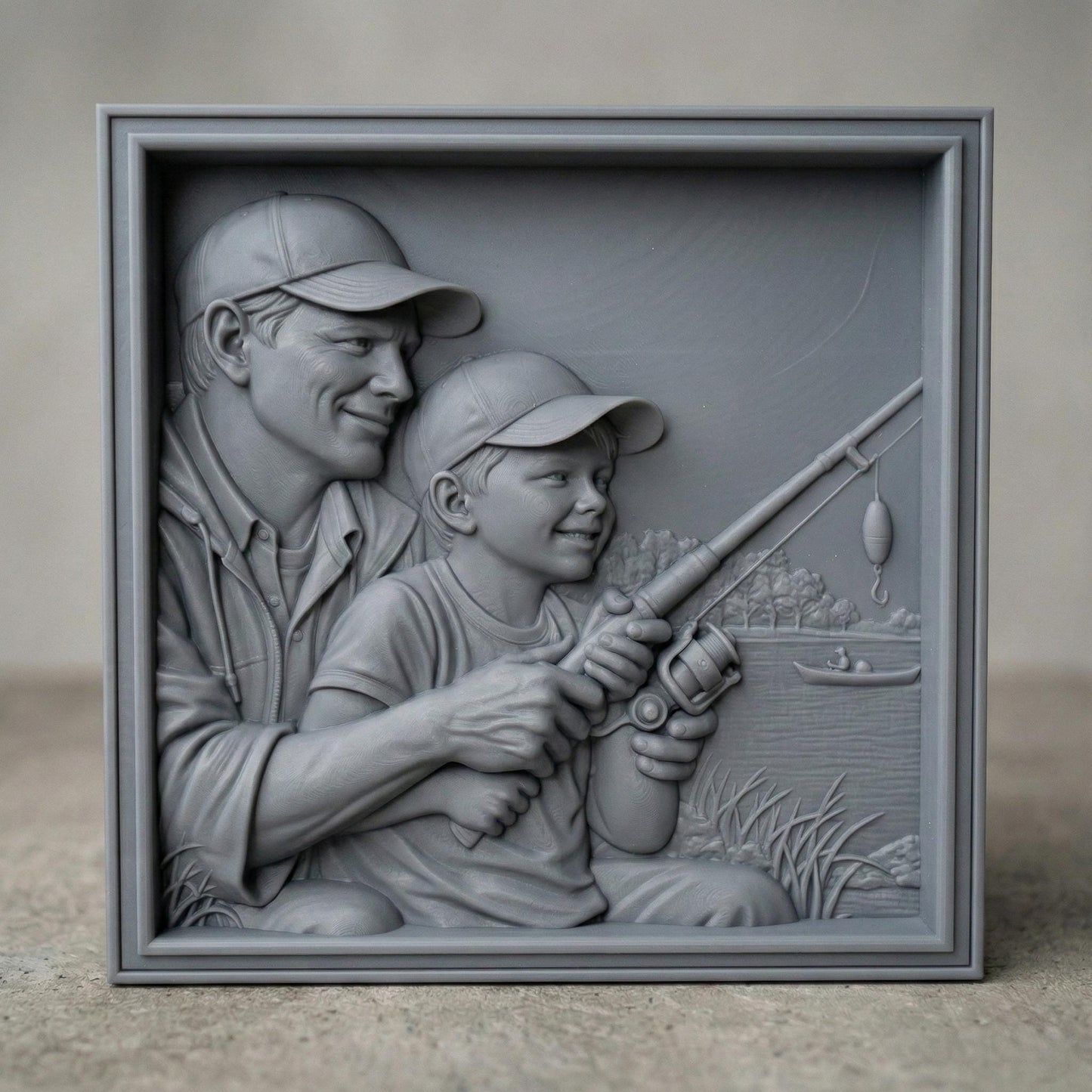 Bas relief carving of a father and young son sitting by a peaceful lake in spring, both wearing caps and smiling as they hold a fishing rod together. The father gently guides the child’s hands while casting toward calm water with a small boat in the distance. Framed square composition with detailed facial features, textured clothing, fresh grass, and serene springtime scenery, symbolizing bonding and outdoor family moments.