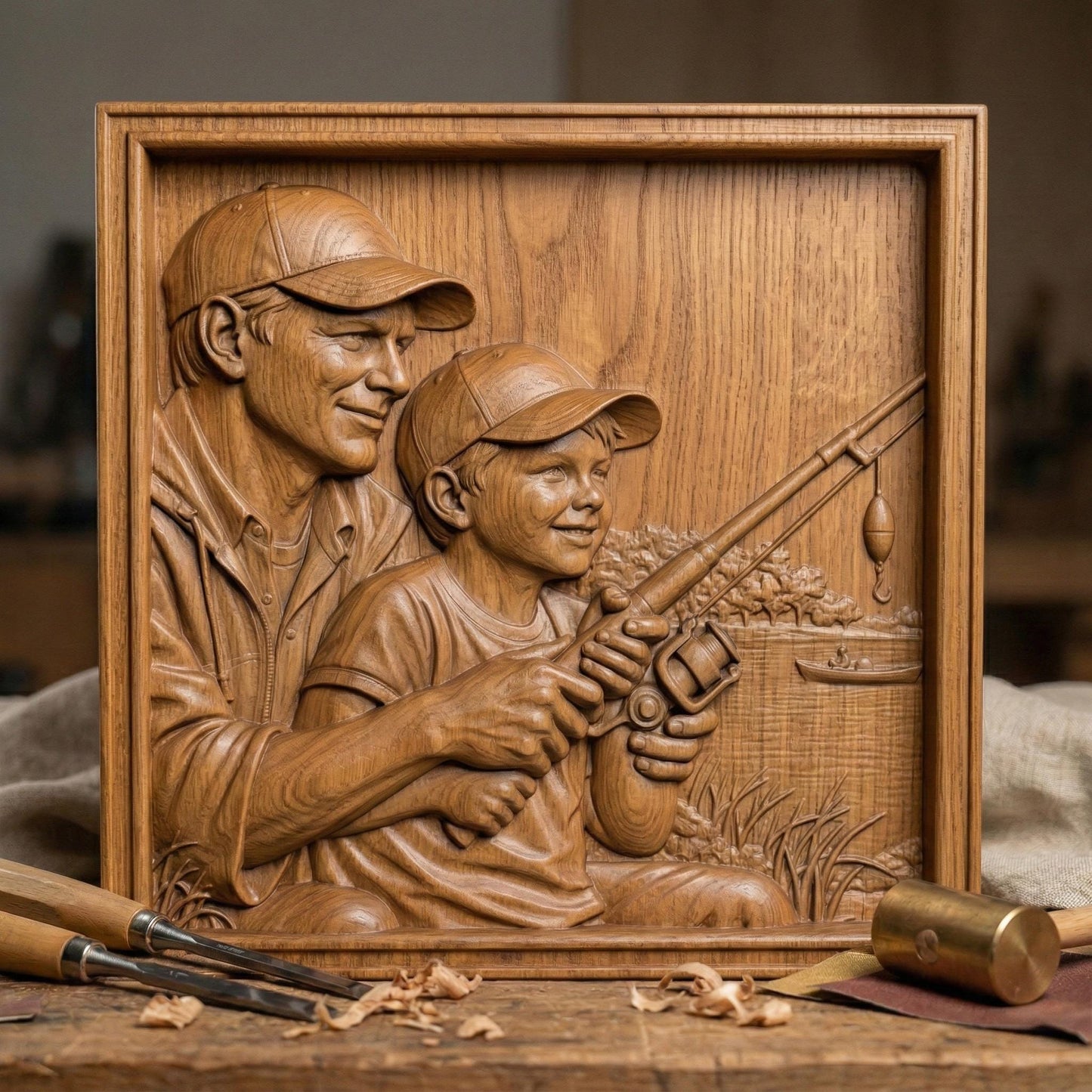 Bas relief carving of a father and young son sitting by a peaceful lake in spring, both wearing caps and smiling as they hold a fishing rod together. The father gently guides the child’s hands while casting toward calm water with a small boat in the distance. Framed square composition with detailed facial features, textured clothing, fresh grass, and serene springtime scenery, symbolizing bonding and outdoor family moments.