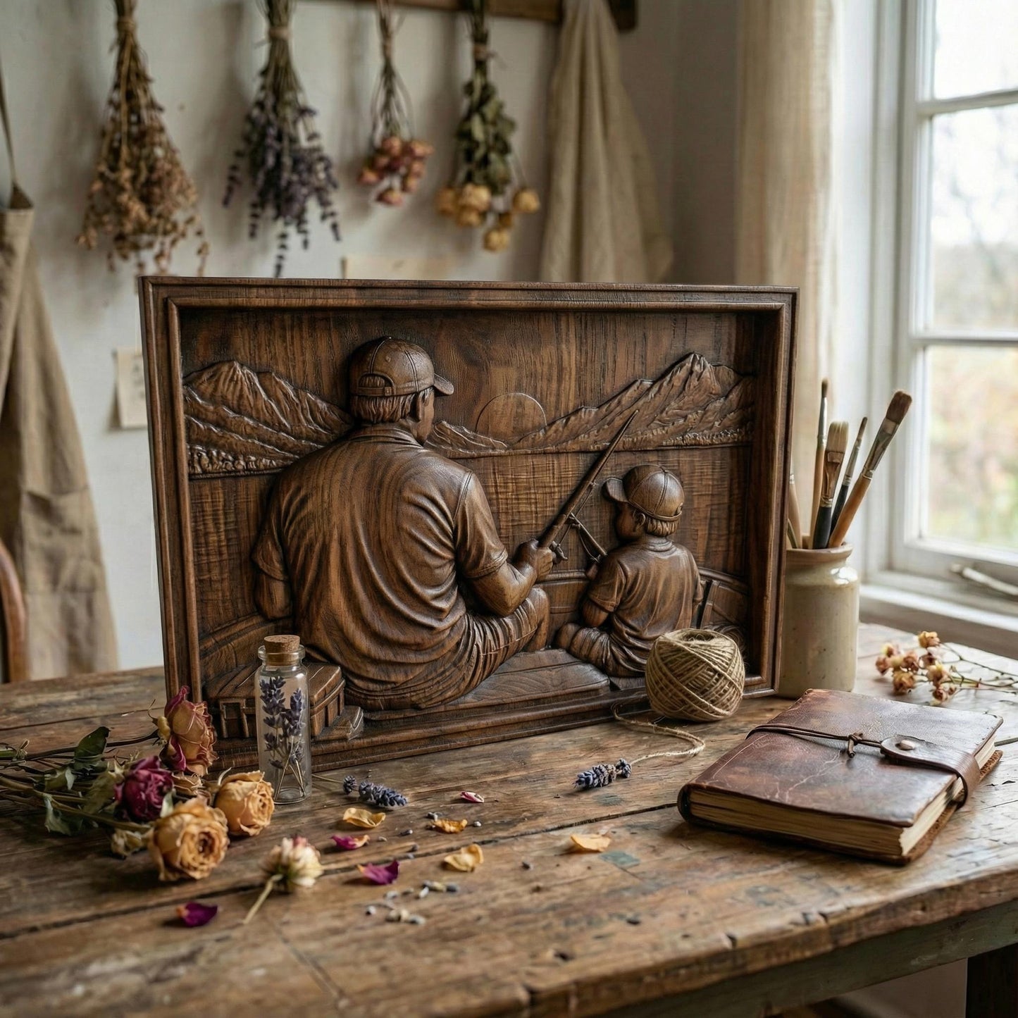 Bas relief carving of a father and young son sitting by a peaceful lake in spring, both wearing caps and smiling as they hold a fishing rod together. The father gently guides the child’s hands while casting toward calm water with a small boat in the distance. Framed square composition with detailed facial features, textured clothing, fresh grass, and serene springtime scenery, symbolizing bonding and outdoor family moments.
