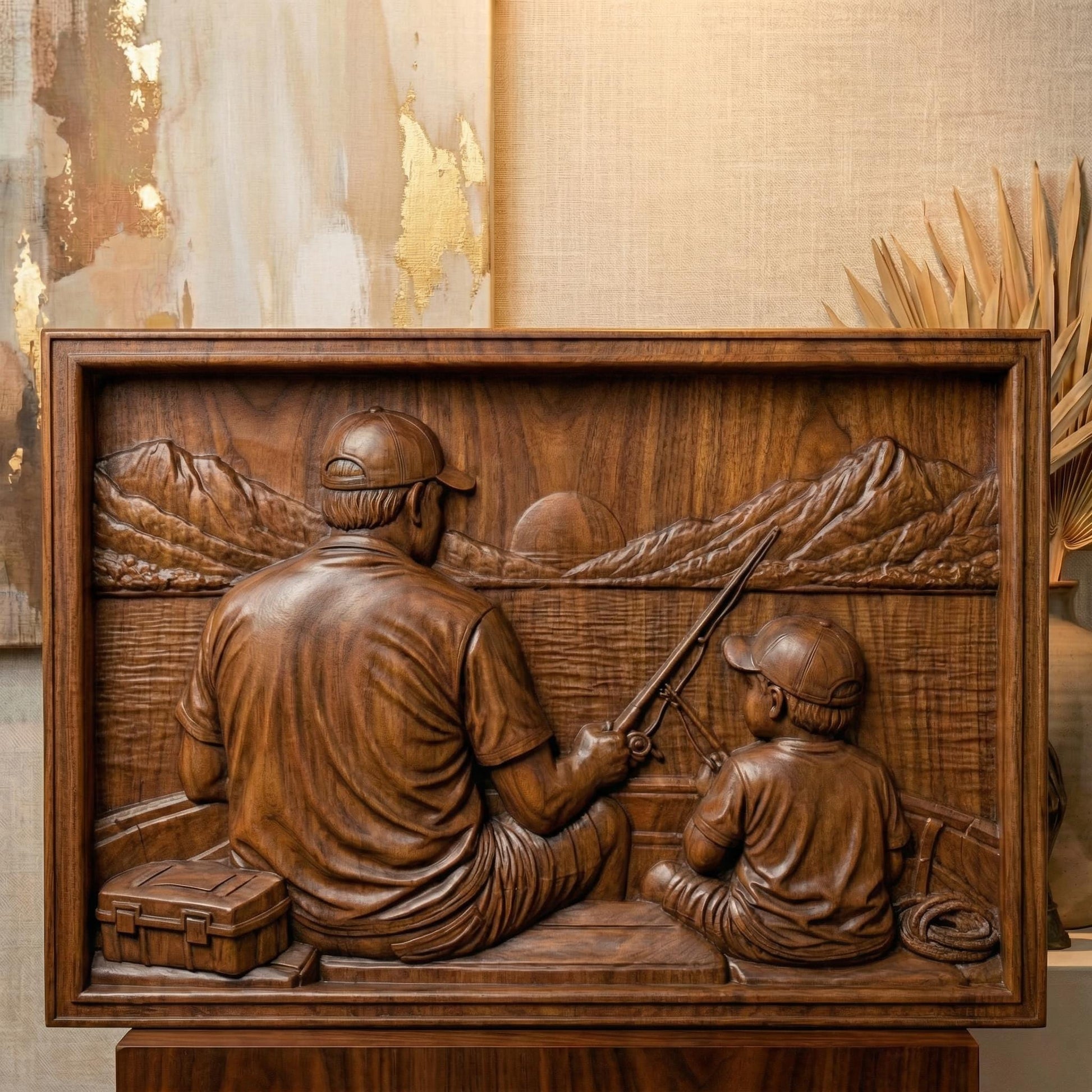 Bas relief carving of a father and young son sitting by a peaceful lake in spring, both wearing caps and smiling as they hold a fishing rod together. The father gently guides the child’s hands while casting toward calm water with a small boat in the distance. Framed square composition with detailed facial features, textured clothing, fresh grass, and serene springtime scenery, symbolizing bonding and outdoor family moments.