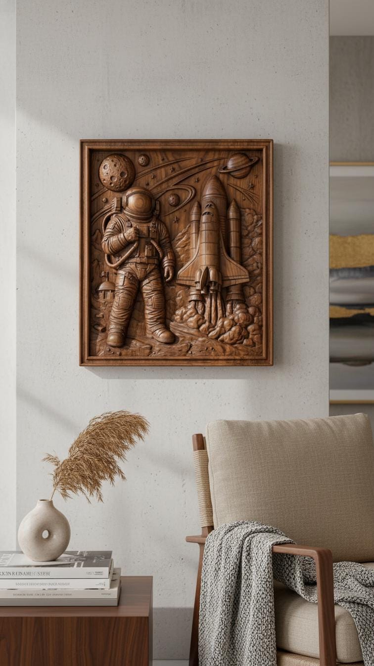Detailed wooden bas-relief style carving of an astronaut in a full spacesuit standing beside a launching space shuttle. The scene includes planets, stars, a cratered moon, and orbiting rings carved into the background sky. Billowing smoke surrounds the rocket engines, while the astronaut holds a tethered control device. The composition evokes classic space exploration imagery and scientific adventure in a sculpted relief panel.