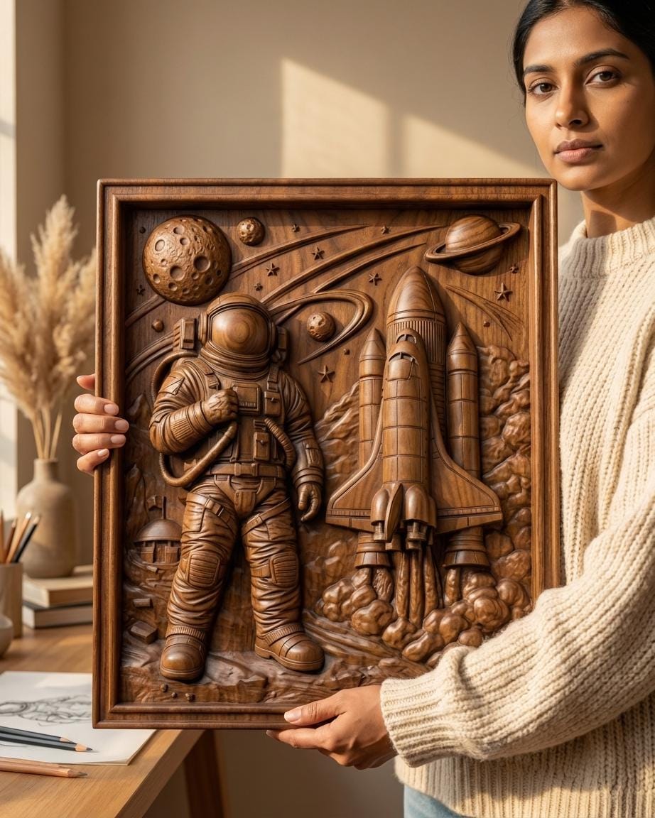 Detailed wooden bas-relief style carving of an astronaut in a full spacesuit standing beside a launching space shuttle. The scene includes planets, stars, a cratered moon, and orbiting rings carved into the background sky. Billowing smoke surrounds the rocket engines, while the astronaut holds a tethered control device. The composition evokes classic space exploration imagery and scientific adventure in a sculpted relief panel.