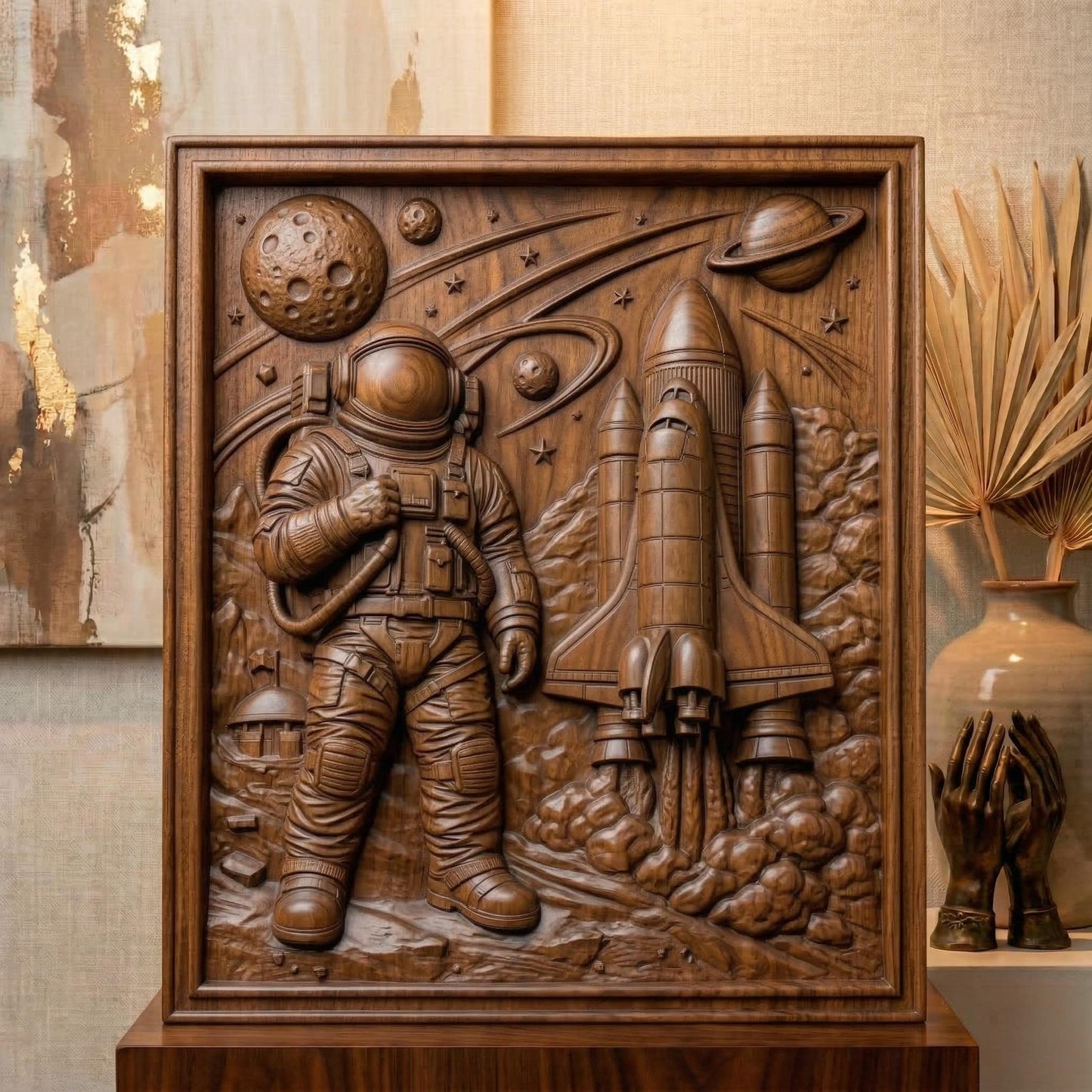 Detailed wooden bas-relief style carving of an astronaut in a full spacesuit standing beside a launching space shuttle. The scene includes planets, stars, a cratered moon, and orbiting rings carved into the background sky. Billowing smoke surrounds the rocket engines, while the astronaut holds a tethered control device. The composition evokes classic space exploration imagery and scientific adventure in a sculpted relief panel.