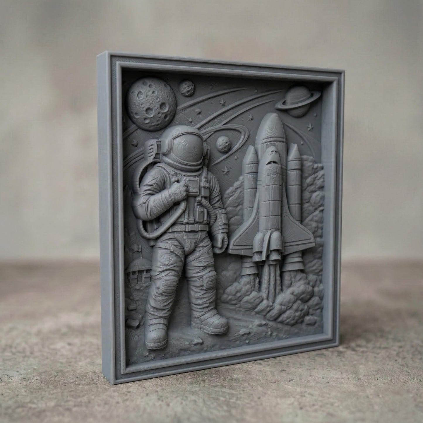 Detailed wooden bas-relief style carving of an astronaut in a full spacesuit standing beside a launching space shuttle. The scene includes planets, stars, a cratered moon, and orbiting rings carved into the background sky. Billowing smoke surrounds the rocket engines, while the astronaut holds a tethered control device. The composition evokes classic space exploration imagery and scientific adventure in a sculpted relief panel.
