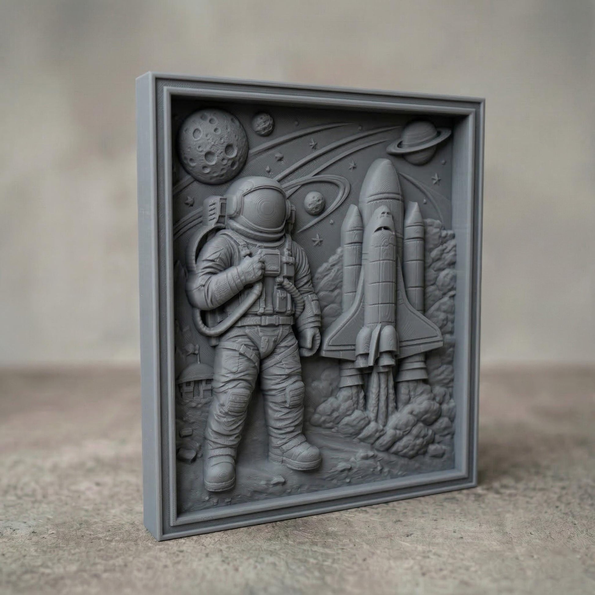 Detailed wooden bas-relief style carving of an astronaut in a full spacesuit standing beside a launching space shuttle. The scene includes planets, stars, a cratered moon, and orbiting rings carved into the background sky. Billowing smoke surrounds the rocket engines, while the astronaut holds a tethered control device. The composition evokes classic space exploration imagery and scientific adventure in a sculpted relief panel.