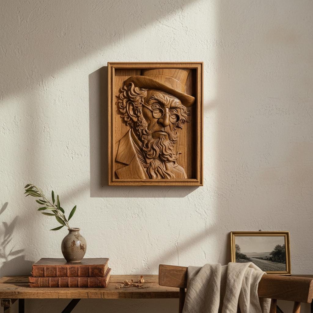 Decorative bas-relief sculpture of a classic Irish leprechaun with a tall hat, round glasses, and a long textured beard. The whimsical character features expressive facial details and vintage attire, evoking traditional Irish folklore and St Patrick’s Day symbolism. Designed as a framed relief panel with deep carving details ideal for CNC carving, 3D printing, and decorative wall art.